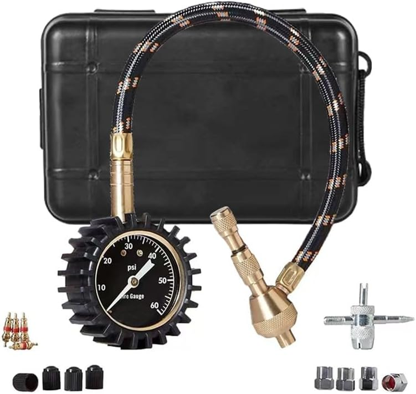 Tire Pressure Gauge (0-60 PSI) Heavy Duty, with Custom Foam Case, Chrome Caps & Valve Core Repair Tool, Rapid Air Pressure Gauge, Tire Deflators Offroad Accessories, 4X4 Tires
