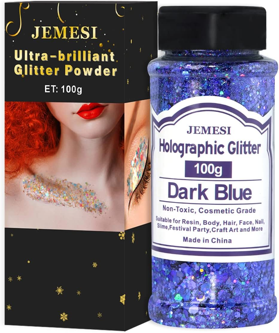 Chunky Glitter - 100G Dark Blue Cosmetic Craft Glitter for Epoxy Resin, Nail Sequins, Iridescent Flakes for Body, Face, Hair, Nails & Slime Making image number 3