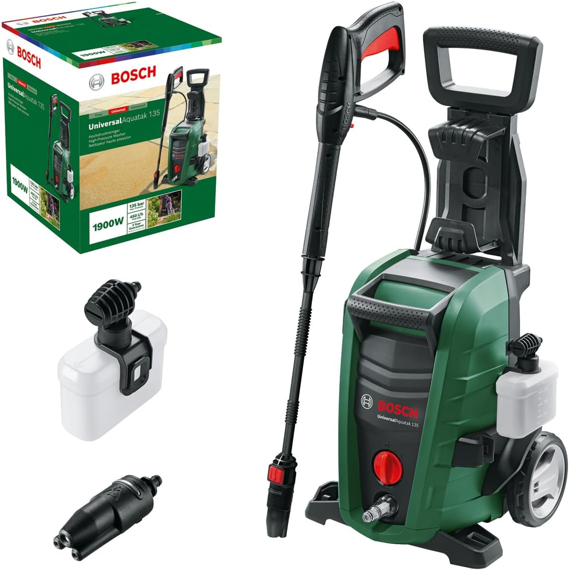 Bosch 1900W Electric High Pressure Washer Cleaner 1958 PSI, 7 M Hose, 3-In-1 Nozzle & Detergent Nozzle, Self Priming Capable, Double Filtration, On-Board Accessory Storage (Universalaquatak 135) image number 3