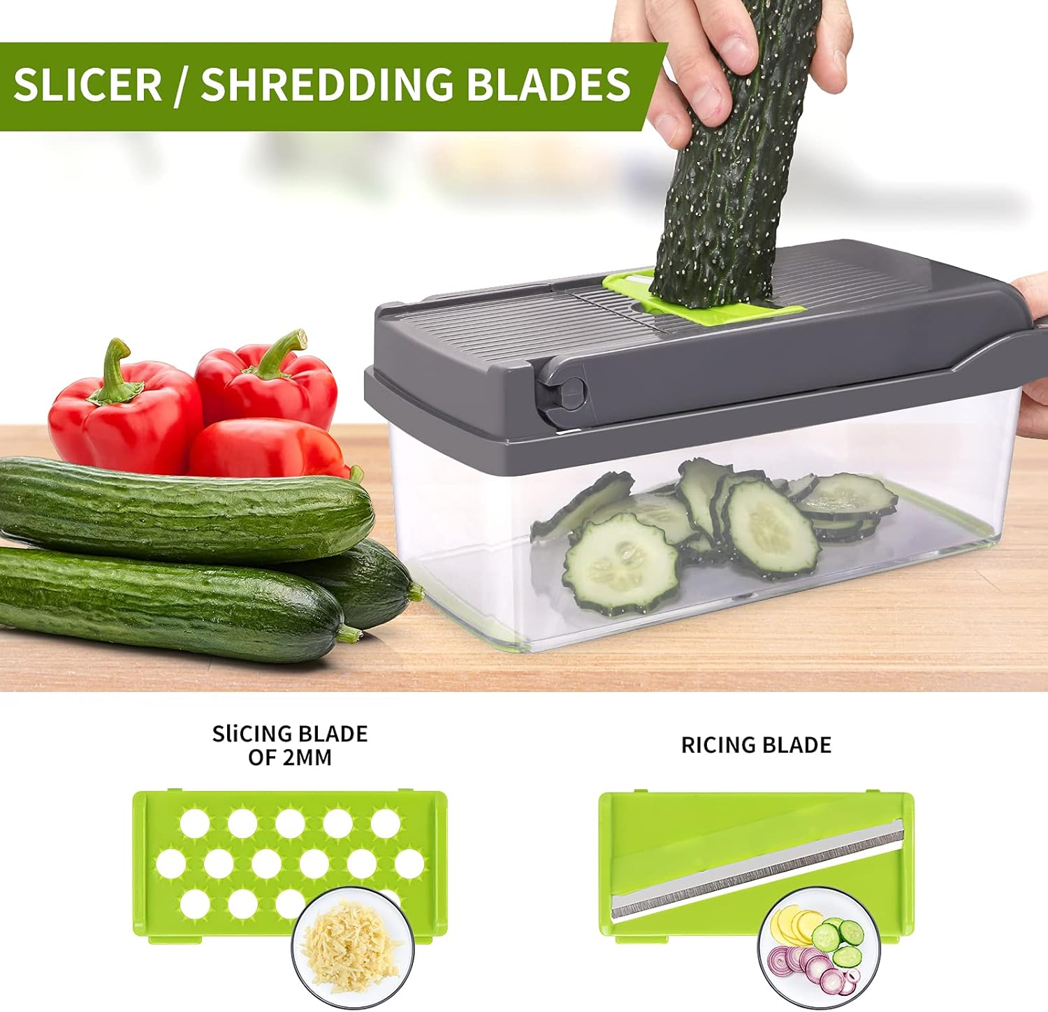 Senbowe Vegetable Chopper, Multifunctional 16-In-1 Food Choppers Onion Chopper Vegetable Slicer Cutter Dicer Veggie Chopper with 8 Blades,Colander Basket,Container for Salad Potato Carrot Garlic - Gray+Green image number 5