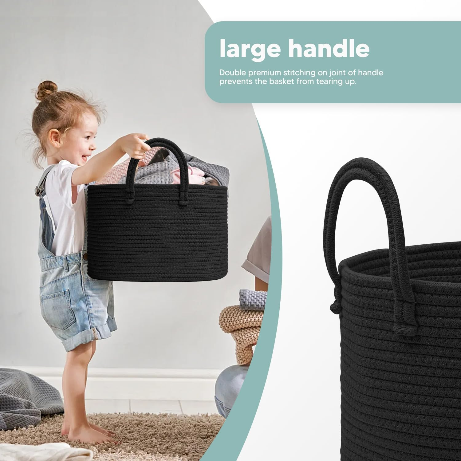 Woven Cotton Rope Laundry Basket 40 X 25Cm Woven Clothes Storage Basket 32L Decorative Cotton Rope Blanket Basket Collapsible Laundry Hamper with Handle, for Laundry Room(Black) image number 3