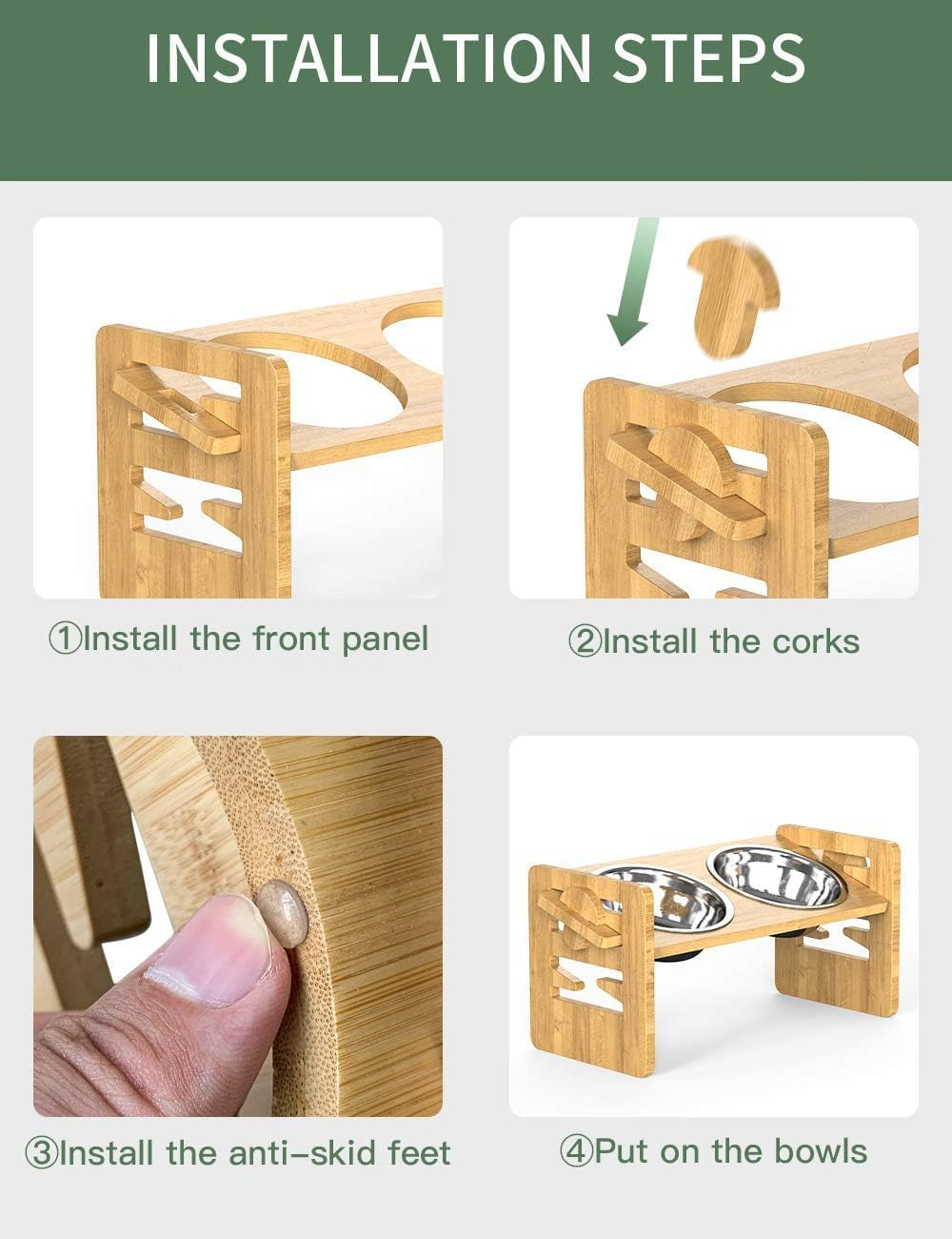 Elevated Dog Bowls-Adjustable Raised Dog Bowls Slanted Bamboo Pet Feeding Station with Stainless Steel Bowl for Small & Medium Dogs, Cat Kitten Flat Faced Puppy Feeder image number 5