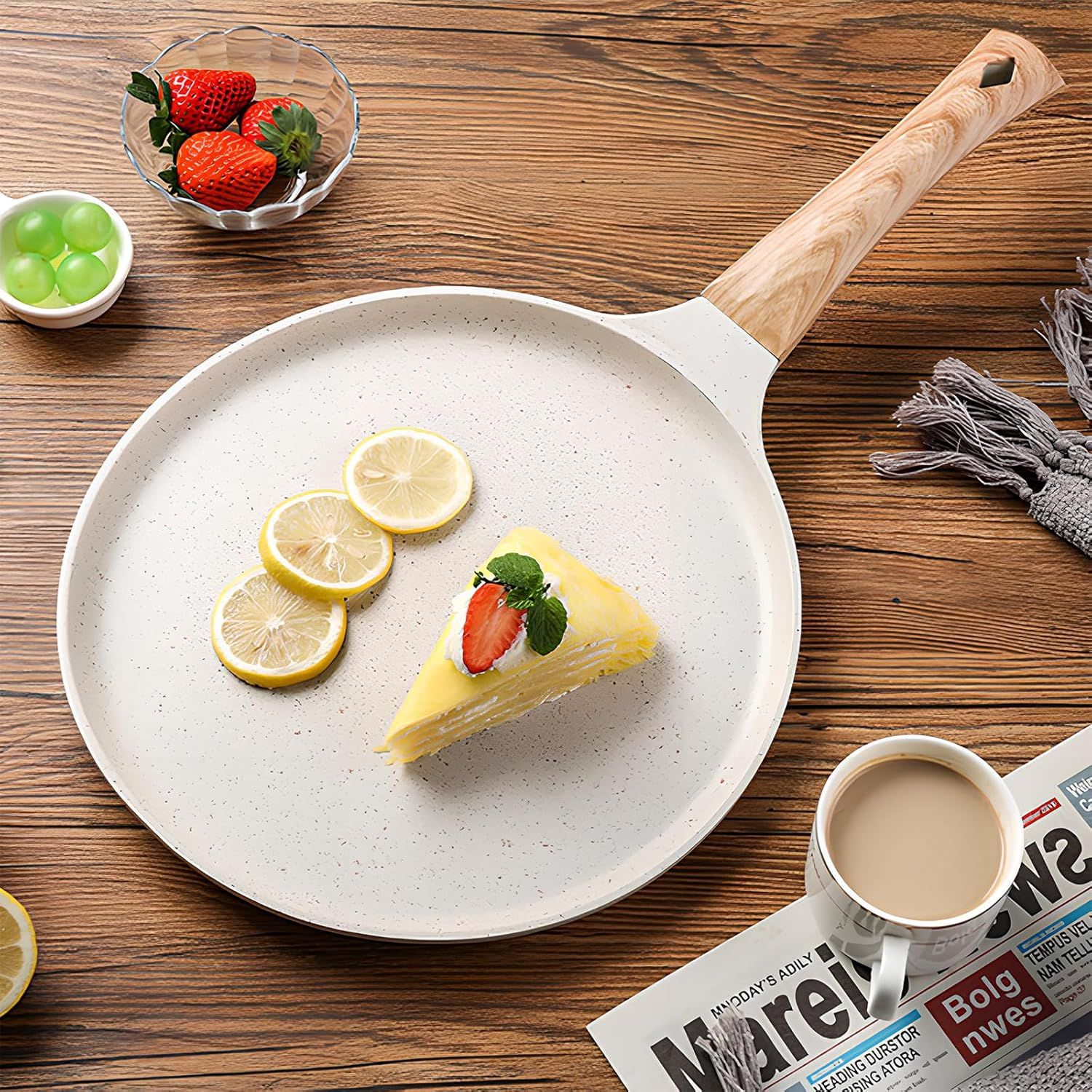 Crepe Pan 24Cm, Non-Stick Frying Pan, Pancake Pan, with Removable Handle, Non-Stick Medical Stone Coating, for All Hobs and Induction Cookers, PFOA Free (White) image number 4