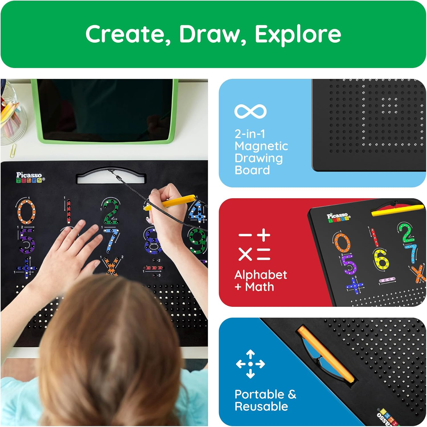 Picassotiles 2-In-1 Double Sided Magnetic Drawing Board ABC A-Z Letter, Number, and Freestyle Writing Playboard 12X10 Inch Large Magnet Tablet Pad Open-Ended Learning Erasable Reusable Playset PTB02 image number 3