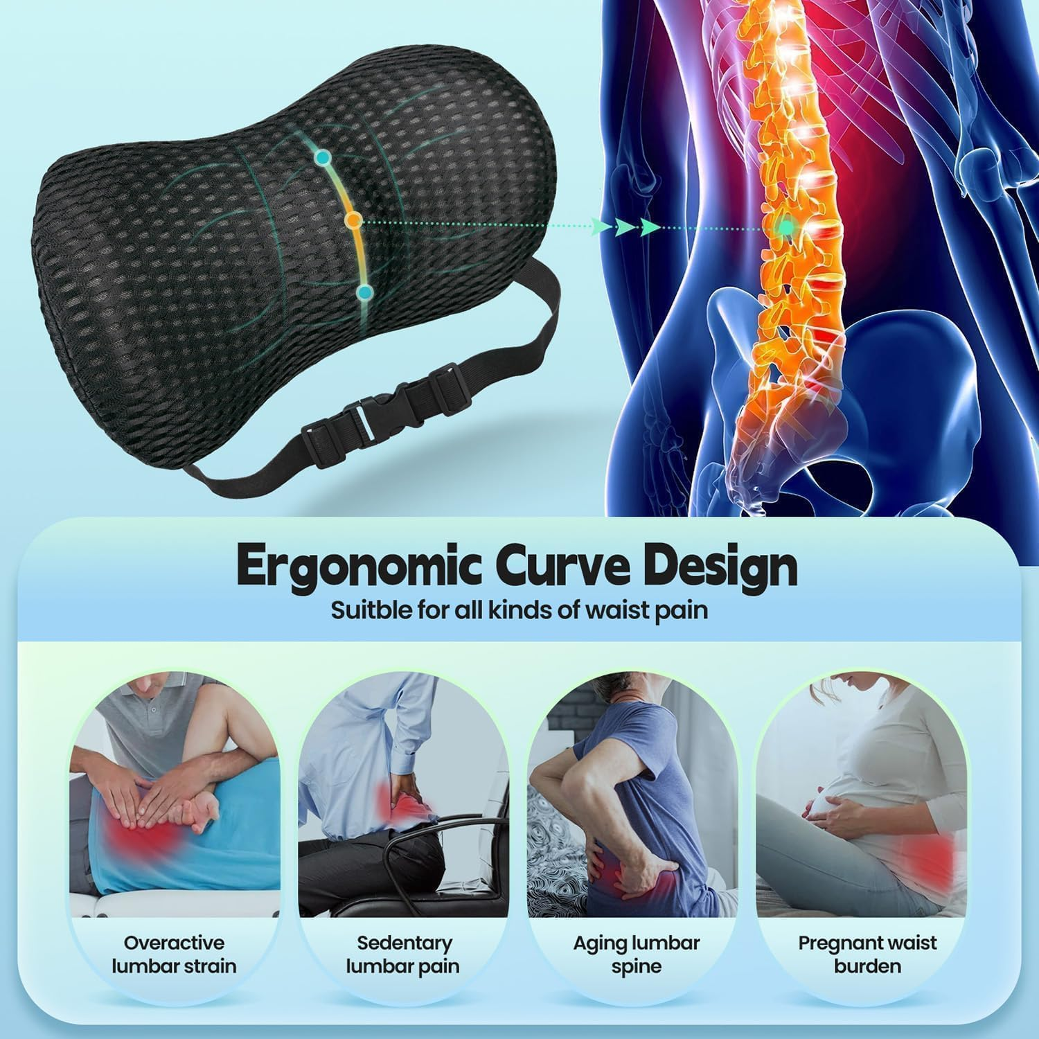 Lumbar Support Pillow Ergonomic Memory Foam Lumbar Pillow, Relieve Back Pain,Breathable & Detachable & Washable, Neo Cushion Lower Back Pillows for Office Chairs, Car Seats (Black)