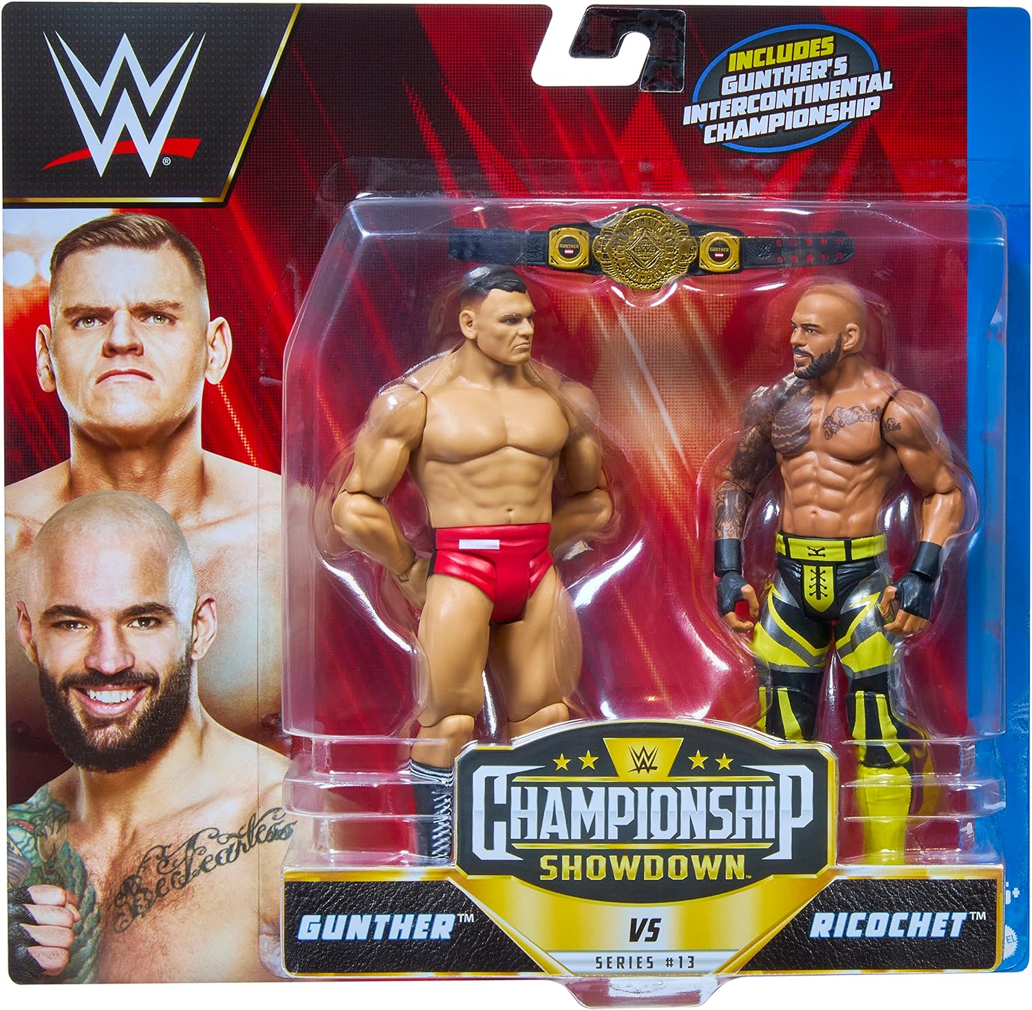 WWE Ricochet Vs Gunther Championship Showdown Action Figure 2-Pack with Intercontinental Championship, 6-Inch image number 1
