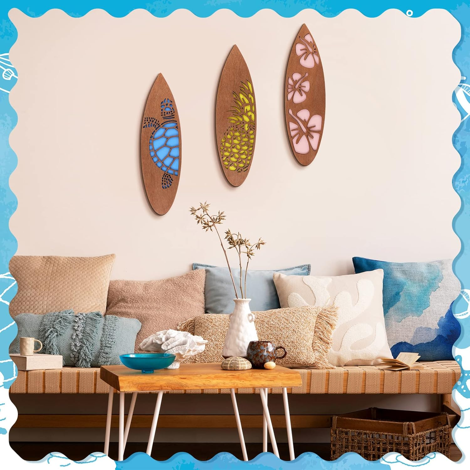 Tatuo 3 Pcs Surfboard Wall Decor Surfboard Hanging Sign Available in Sizes Summer Backdrop for Party Tropical Beach Room Decor Wooden Decoration for Hawaiian Luau(Retro,11.81 X 3.31 X 0.2 Inch) image number 2