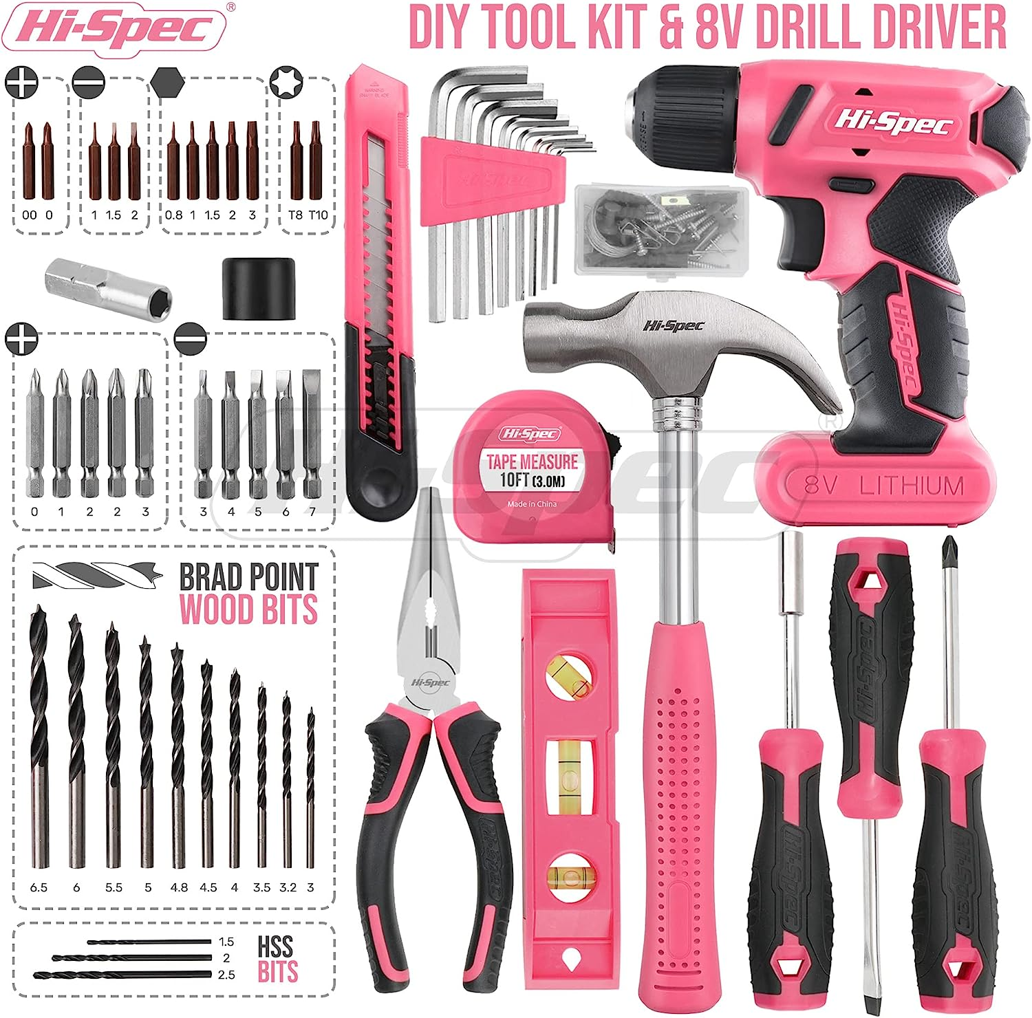 Hi-Spec 57Pc Pink 8V USB Electric Drill Driver & Household Tool Kit Set with Variable Speed DIY Cordless Power Screwdriver image number 2