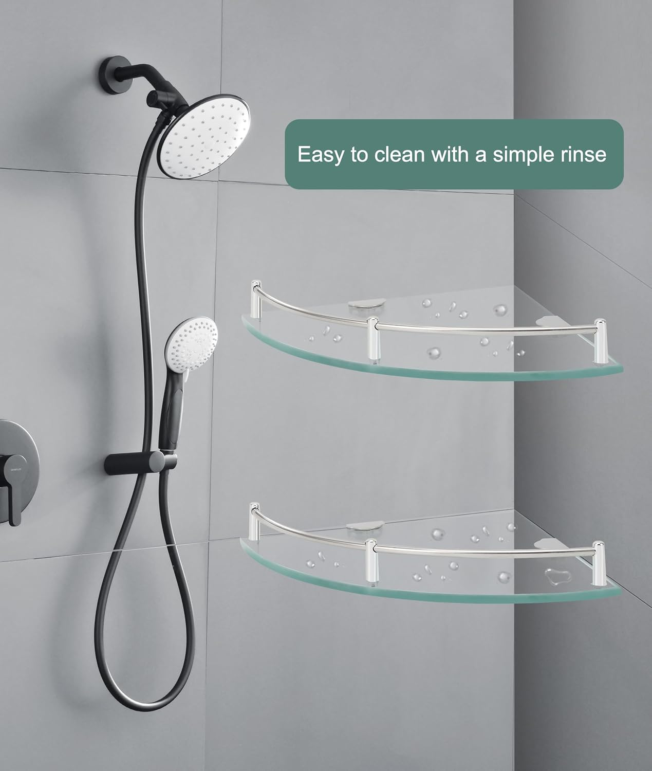 Gugxiom 2-Pack Glass Corner Shower Shelves, Glass Corner Shelf for Bathroom, Wall Mount Bathroom Shelves, SUS 304 Stainless Steel Tempered Glass Shelf with Rail, for Bathrooms and Toilets