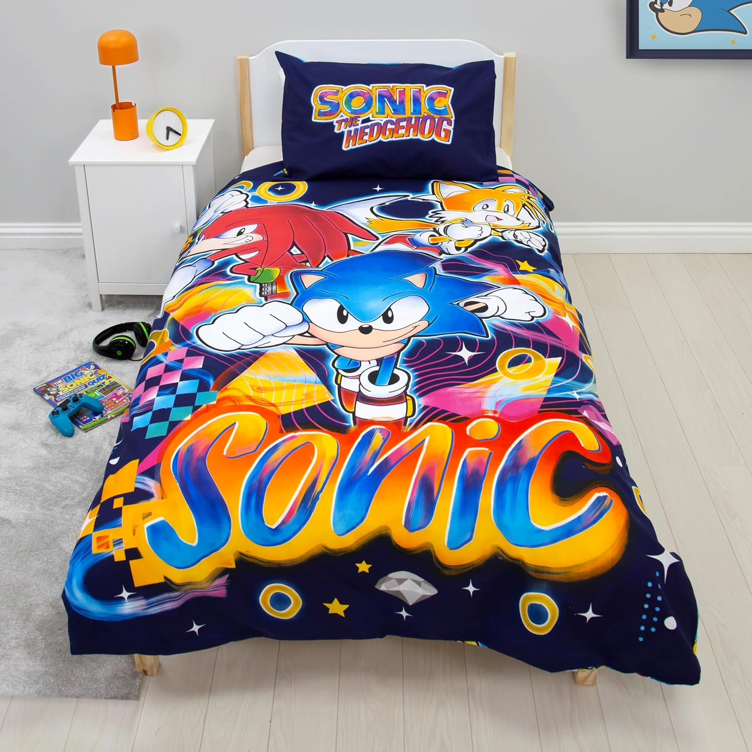 Sonic the Hedgehog Design Gaming Single Duvet Cover Set | Reversible 2 Sided Bedding with Tails and Knuckles Including Matching Pillow Case | Perfect for Kids Bedroom