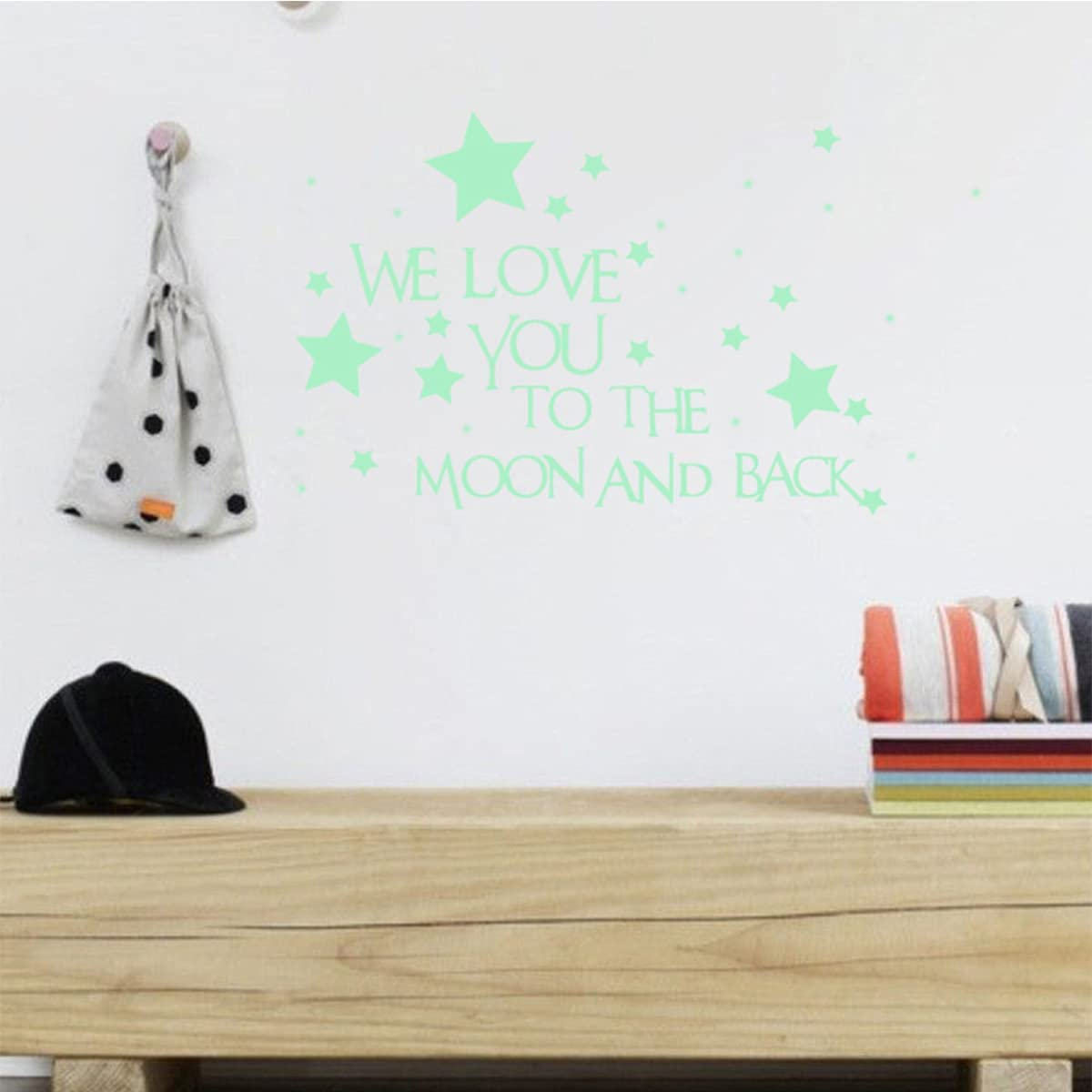 Nursery Wall Decals Glowing Words Stickers - WE Love You to the Moon and Back - Words Glow in the Dark with Stars around Wallpaper for Kids Bedroom Ceiling image number 1