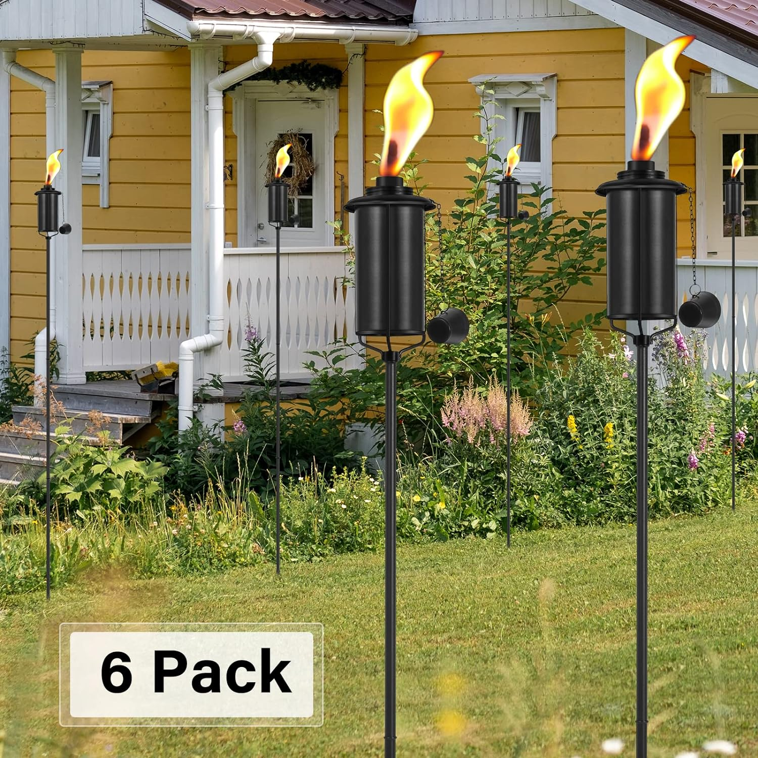 6 Pack Garden Torches, 16 Oz Metal Torch for outside with 3-Prong Grounded Stake, Outdoor Decorative Citronella Torches, 59 Inch Garden D&eacute;cor Torches image number 1