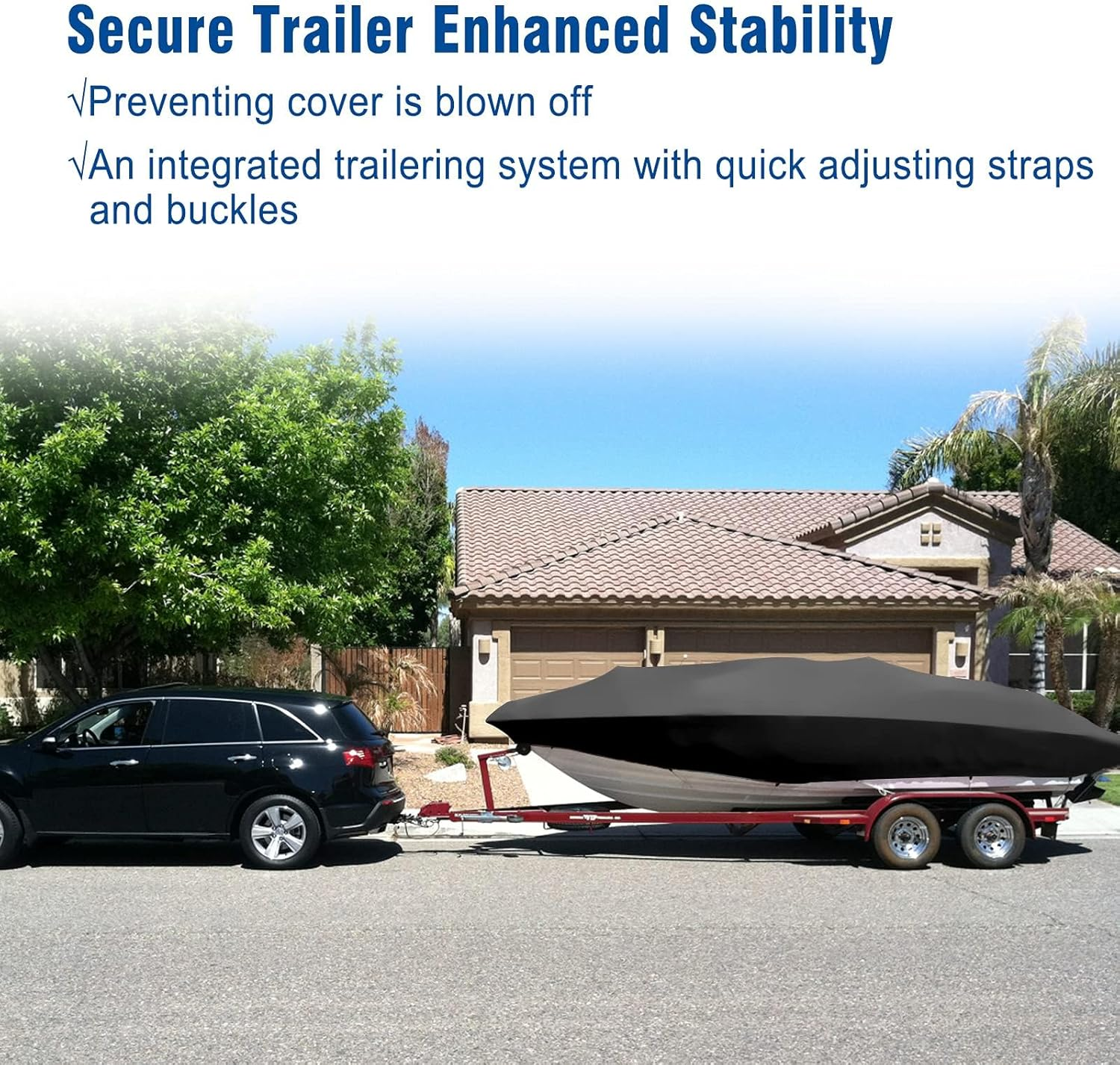 NEVERLAND Trailerable Boat Cover Waterproof Heavy Duty Marine Grade Polyester Canvas Fits V Shape/V-Hull and Tri-Hull Runabouts, Pro-Styl, Bass Boats (Boat Length 20-22Ft, Beam Width up to 102",Black) image number 6