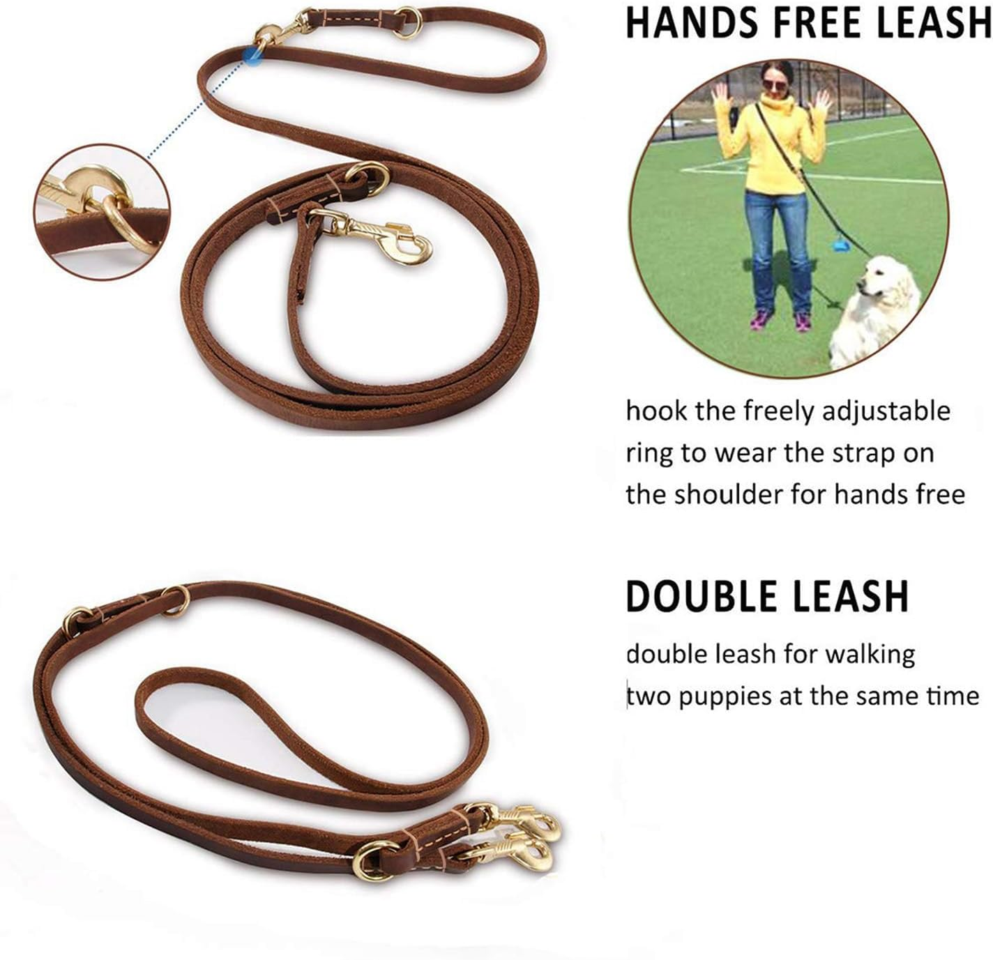Durable Multi Function 8Ft Dog Leash, Genuine Leather Training Leash for Small, Medium and Large Dogs image number 3