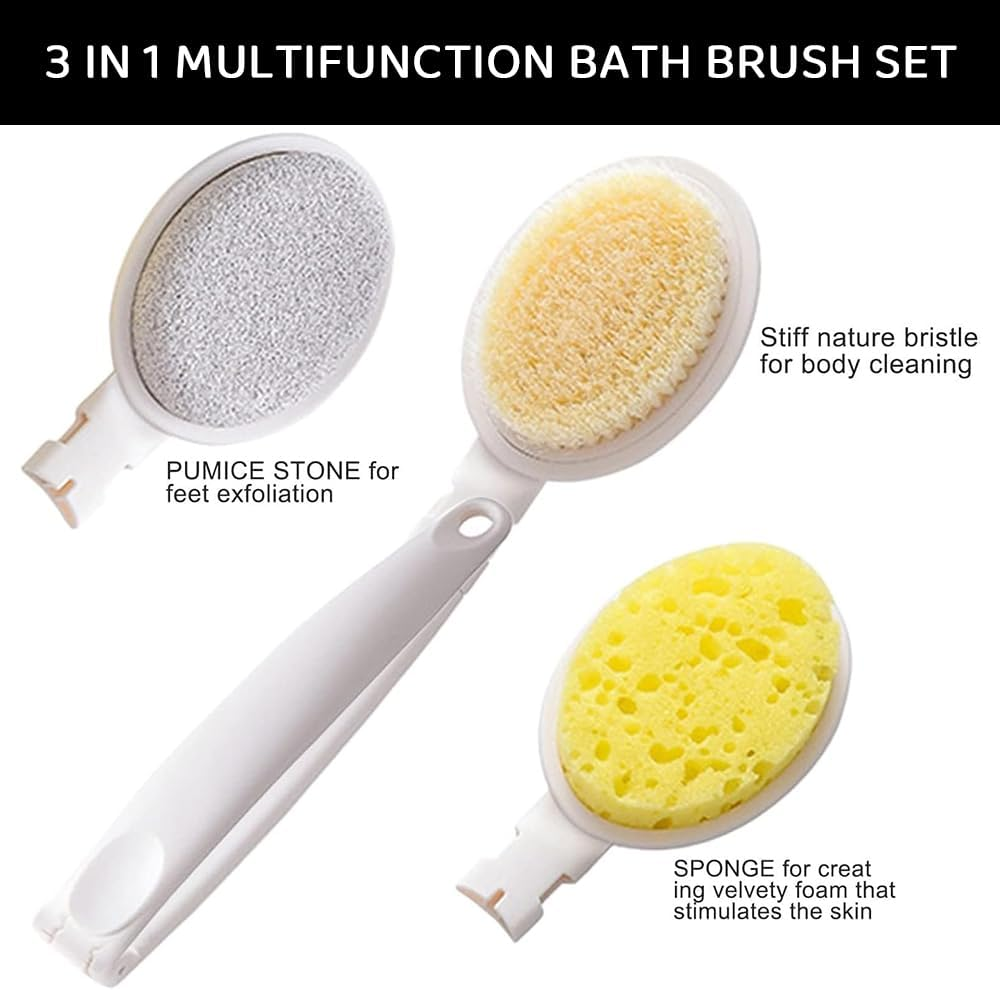 MUSONG 3-In-1 Long Handle Back Brush &ndash; Shower Body Scrubber with Interchangeable Heads, Bath Sponge and Lotion Applicator for Men, Women, Seniors, and Travel