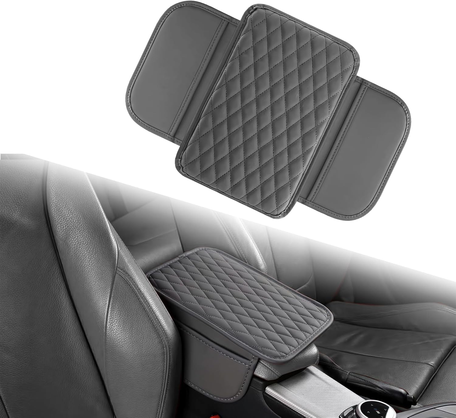 Car Center Console Cover with 2 Storage Bags, Leather Arm Rest Cover for Car Accessories Interior, Auto Universal Middle Console Cover Cushion Protector for Most Vehicle (Grey) image number 6
