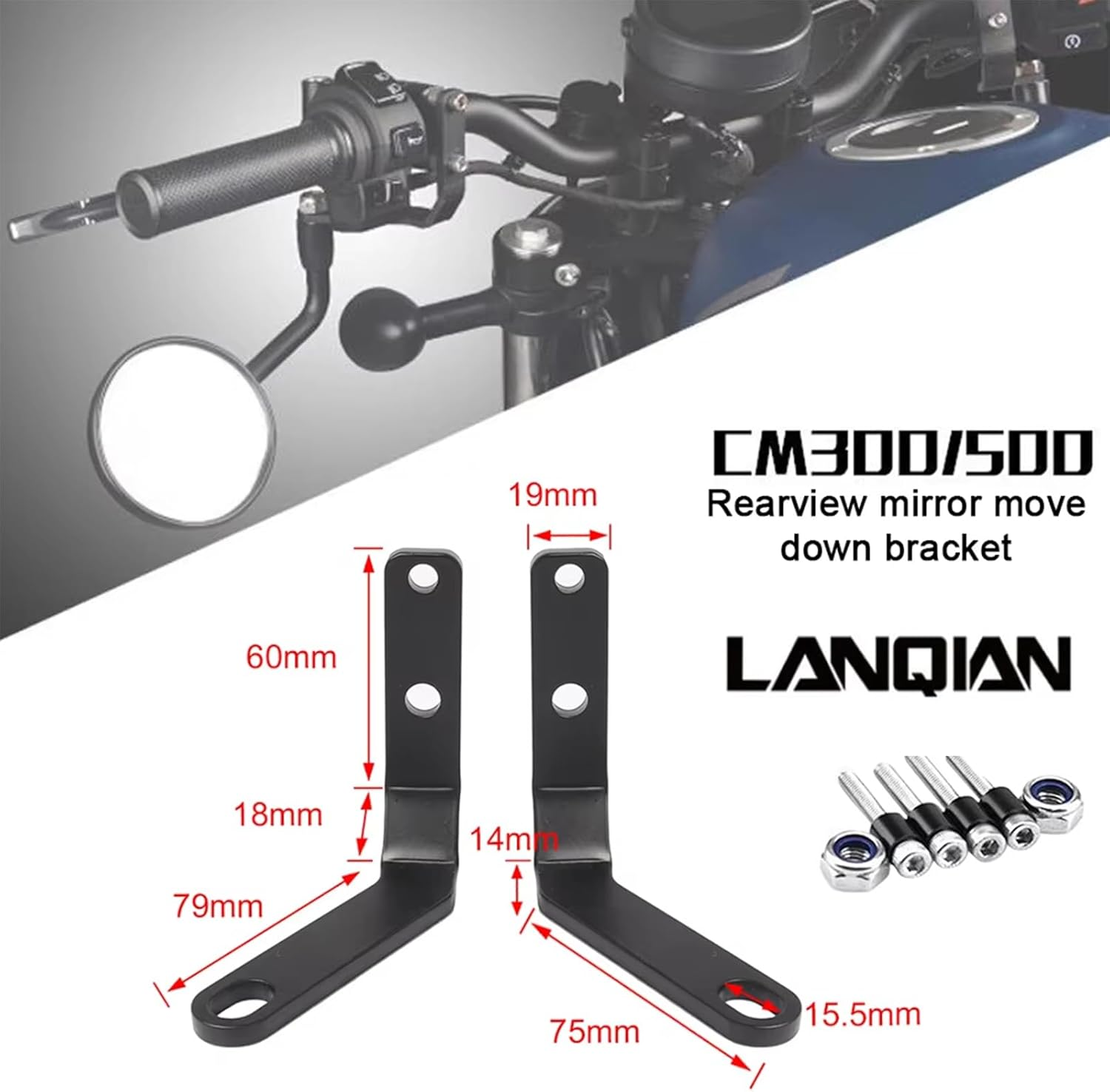 CMX500 2025 Motorcycle Rearview Mirror down Bracket Handlebar Rear View Side Mirror Bracket Compatible with Rebel CMX500 CMX300 CMX250 2017-2023-2024-2025 Rebel 500 300 250 2017-2025 image number 3