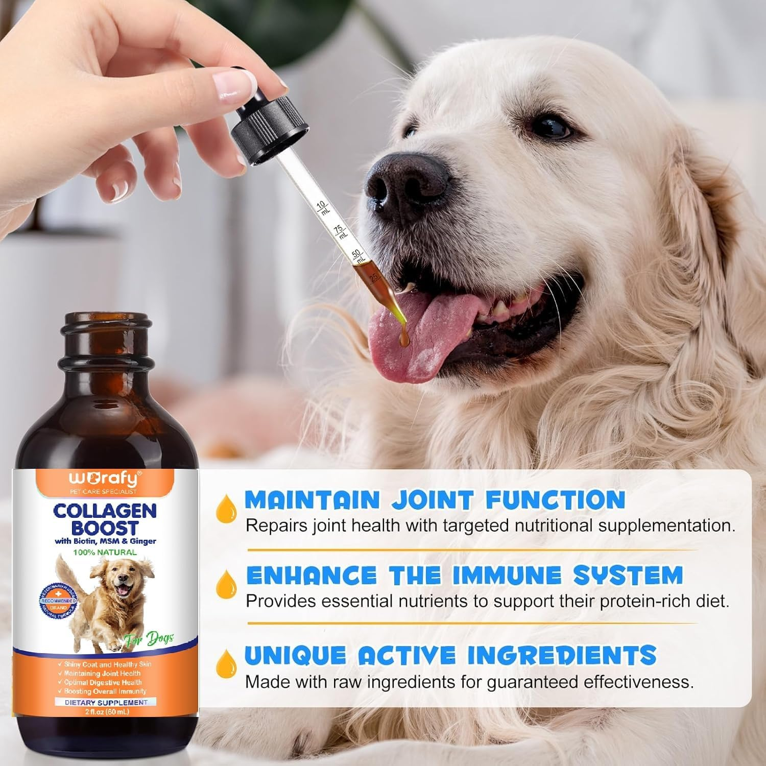 Liquid Collagen for Dogs with Biotin, MSM & Ginger - Supports Joint Health, Skin & Coat, Digestion & Immunity | Itch Relief & Shiny Coat Supplement | Easy-To-Use Drops (60Ml) image number 6