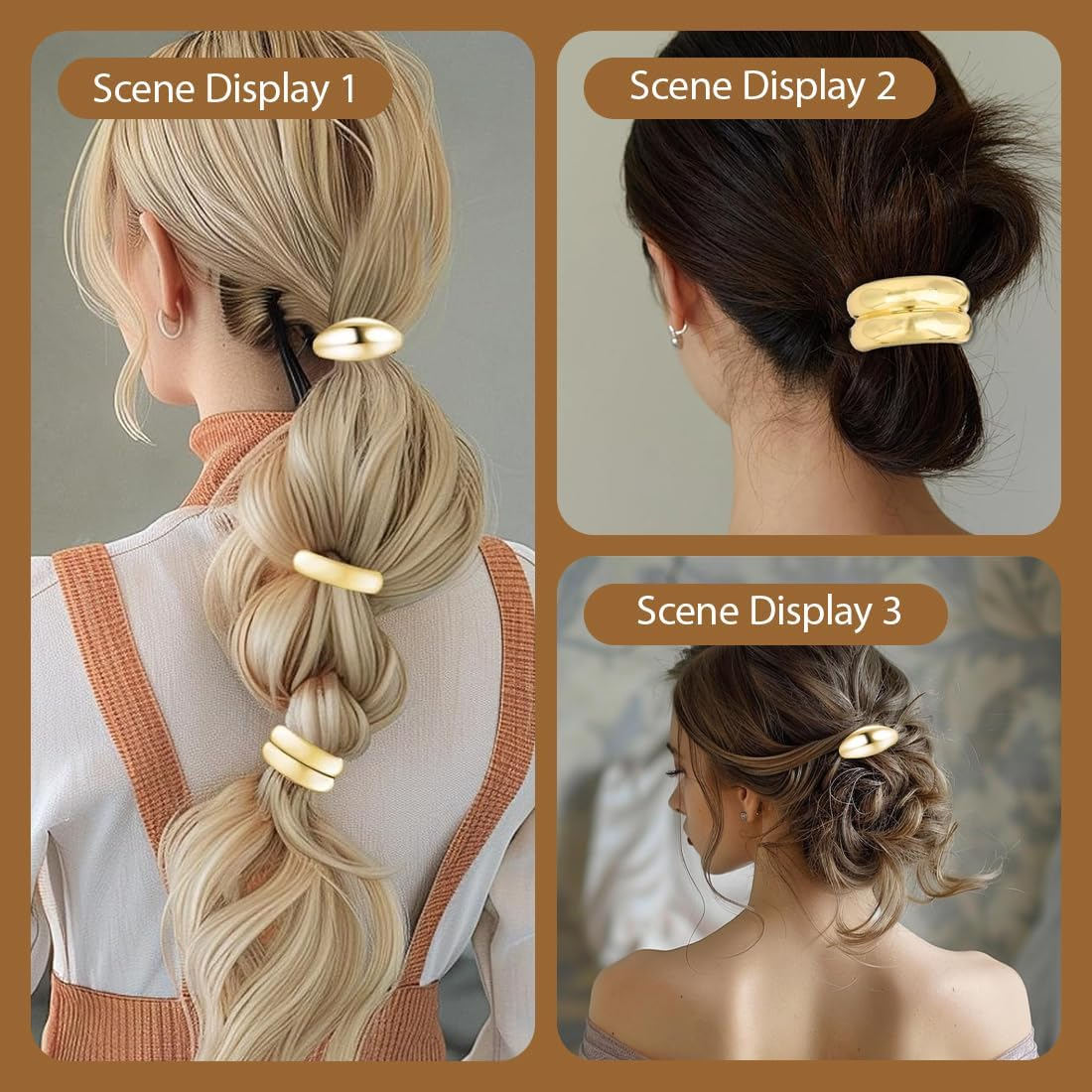 IKOPFLN Pack of 3 Hair Bobbles Gold, Ponytail Metal Hair Scrunchies Women'S Elegant and Durable Elastic Hair Bobbles for Everyday Work Party image number 3