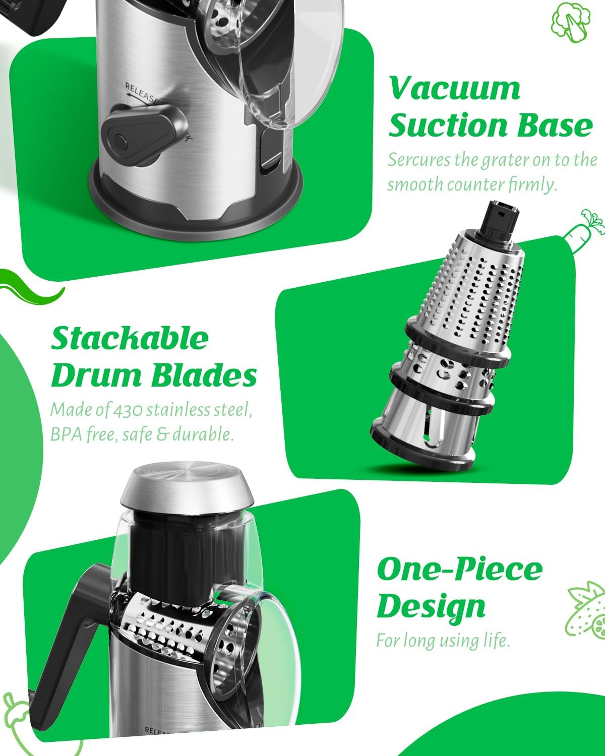 AUSELECT Cheese Grater Rotary - Hand Crank Vegetable Shredder Slicer Stainless Steel with 3 Blades, Easy to Clean Table Top Drum Grater with Anti-Slip Base Chopper Cutter for Kitchen Fruit, Nuts image number 6