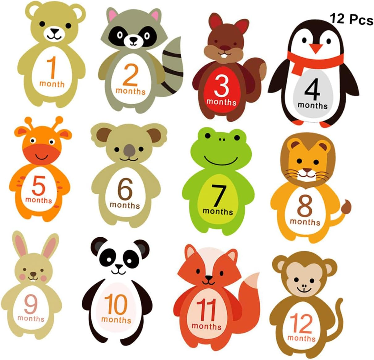 KOMBIUDA 12Pcs Monthly Stickers Animal Design Self-Adhesive Milestone Decals for Newborn Photography Props image number 5