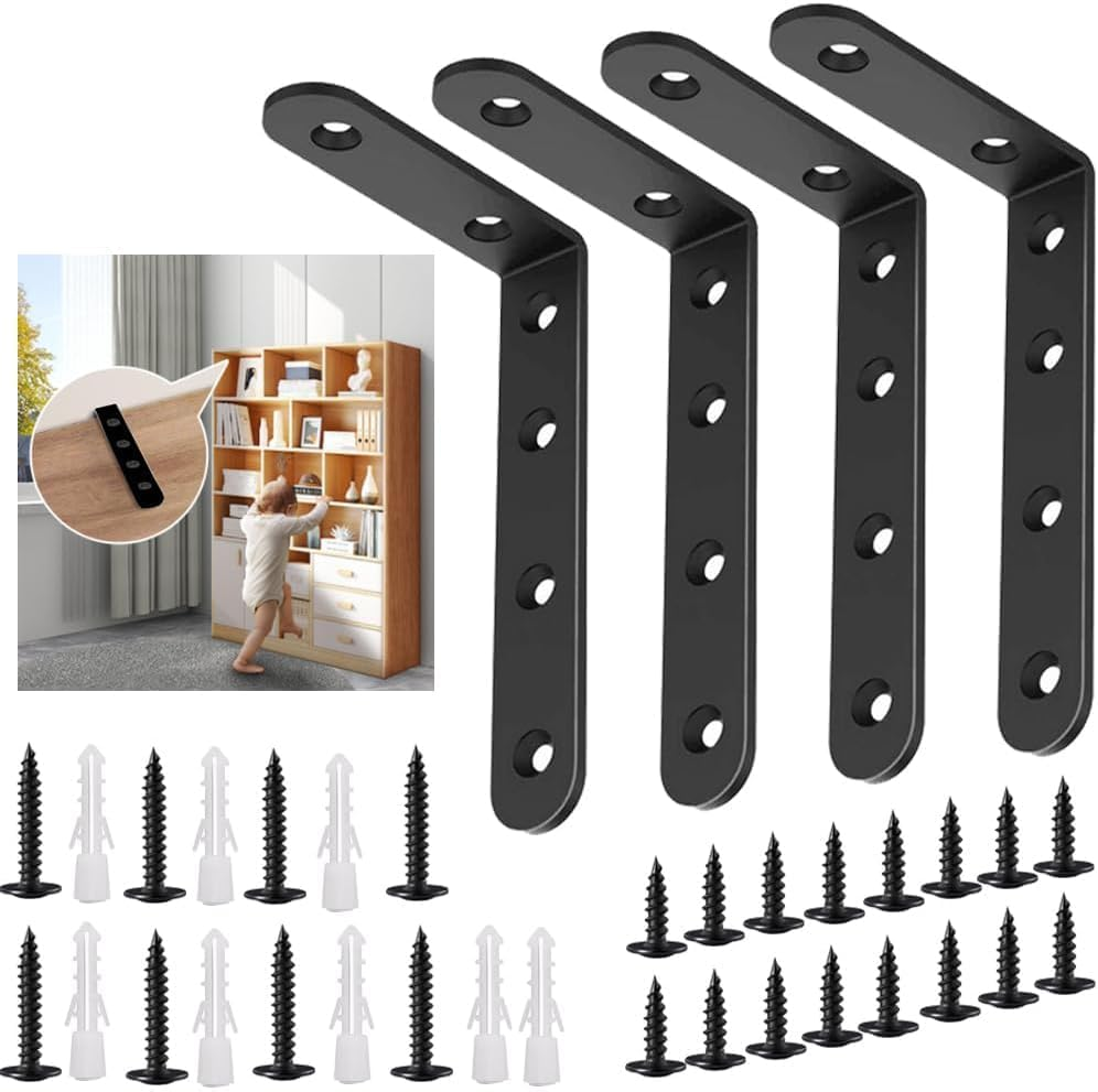 4PCS Furniture Anchors anti Tip Furniture Anchors for Baby Pet Proofing,Furniture Wall Anchor Furniture Dresser Bookshelf Falling Prevention Device for Children (Black-5" X 3") image number 1
