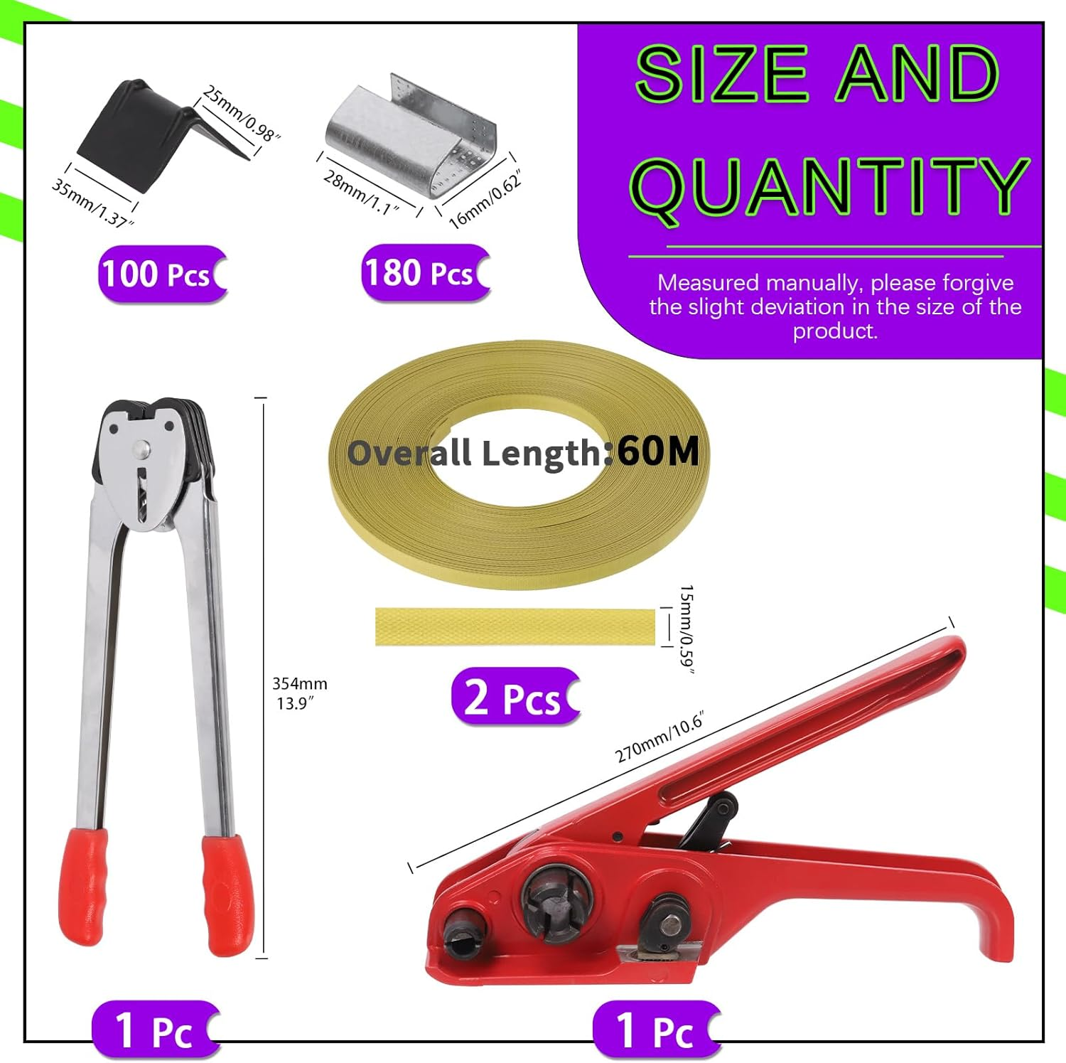 Swpeet 284Pcs Pallet Packing Strapping Tool, Heavy Duty Banding Tool Sealer, 4 in 1 Strapping Kit PET Strapping Sealer, 100Pcs Cardboard Edge Protectors, 180Pcs Metal Seals for Packing image number 1