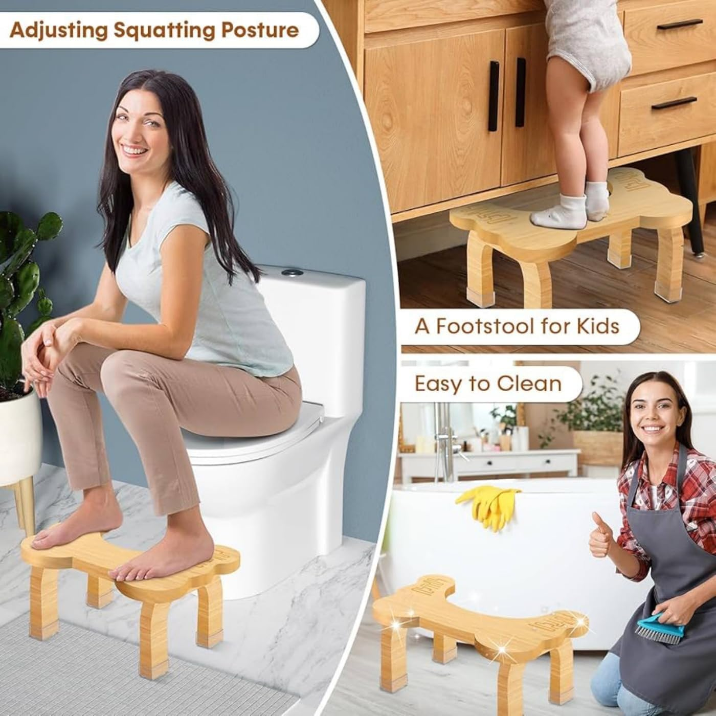 Bamboo Toilet Stool for Adults Toddler, 8.0'' Bathroom Potty Steps Squatty Poop Stool, Non-Slip, Ergonomic, Easy Assembly, Improves Digestion, Supports 350 Lbs, Healthy Toilet Training Step Stools