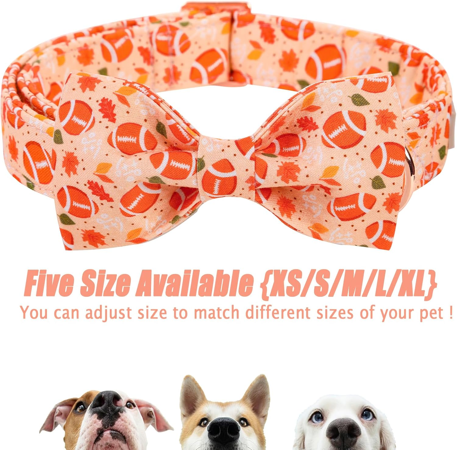 Babole Pet Fall Boy Dog Collar Bow Tie,Orange Maple Leafs Rugby Dog Collar with Safety Metal Buckle Adjustable Thick Puppy Collars for Small Medium Large Dog,X-Large, Neck 16"-26" image number 4