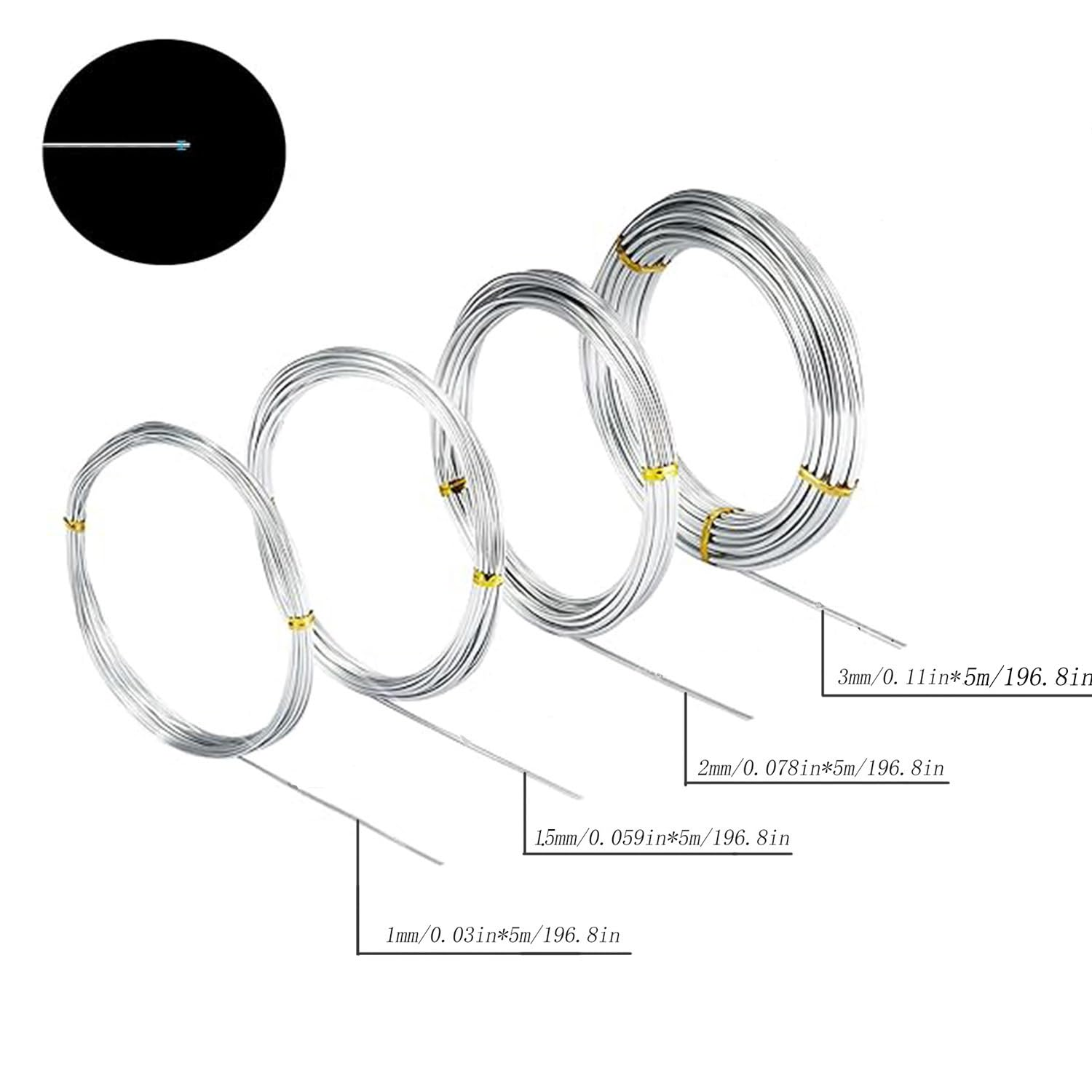 4Rolls Aluminum Craft Wires, 3Mm*5M, 2Mm*5M, 1.5Mm*5M, 1Mm*5M Silver Aluminum Wire, Flexible Bendable Craft Metal Wire, Jewelry Craft Aluminum Wire for Sculpting Armature DIY Skeleton Making