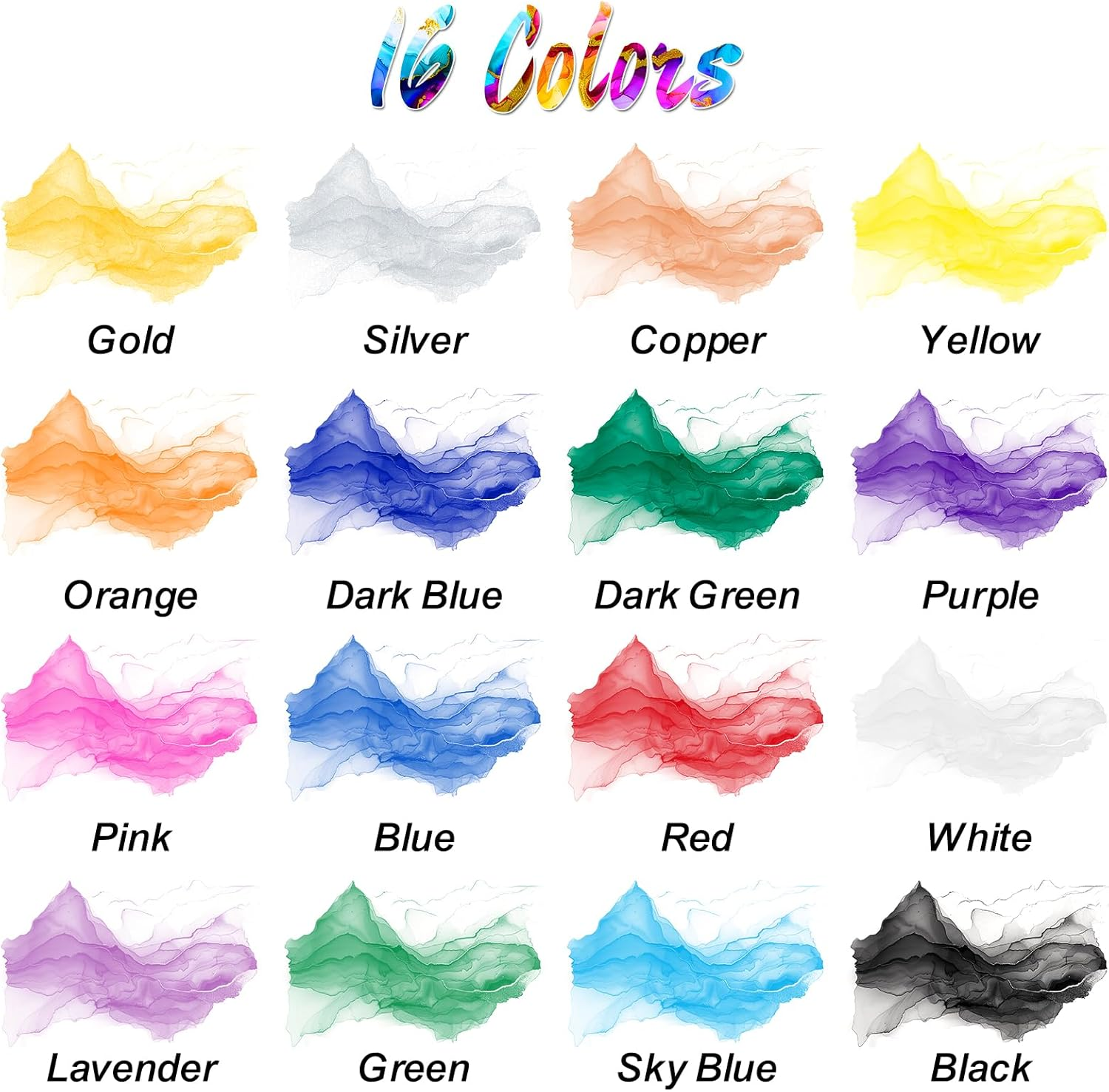 Roizefar Acrylic Paint Ink, 16 X 20Ml (0.68 Fl.Oz), Drawing Ink Set, Liquid Acrylic Paint with 2 Brushes and 1 Palette for Drawing, Ideal for Pouring Art, Mixed Media Projects image number 2