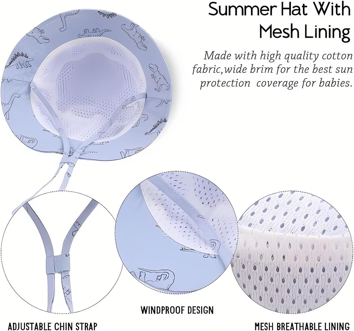 AIMALL Spring Summer Baby Sun Hat Cartoon Dinosaur Print, Wide Brim Sun Protection Fisherman Hat with Adjustable Chin Strap, Lightweight Breathable Cotton - Blue image number 4