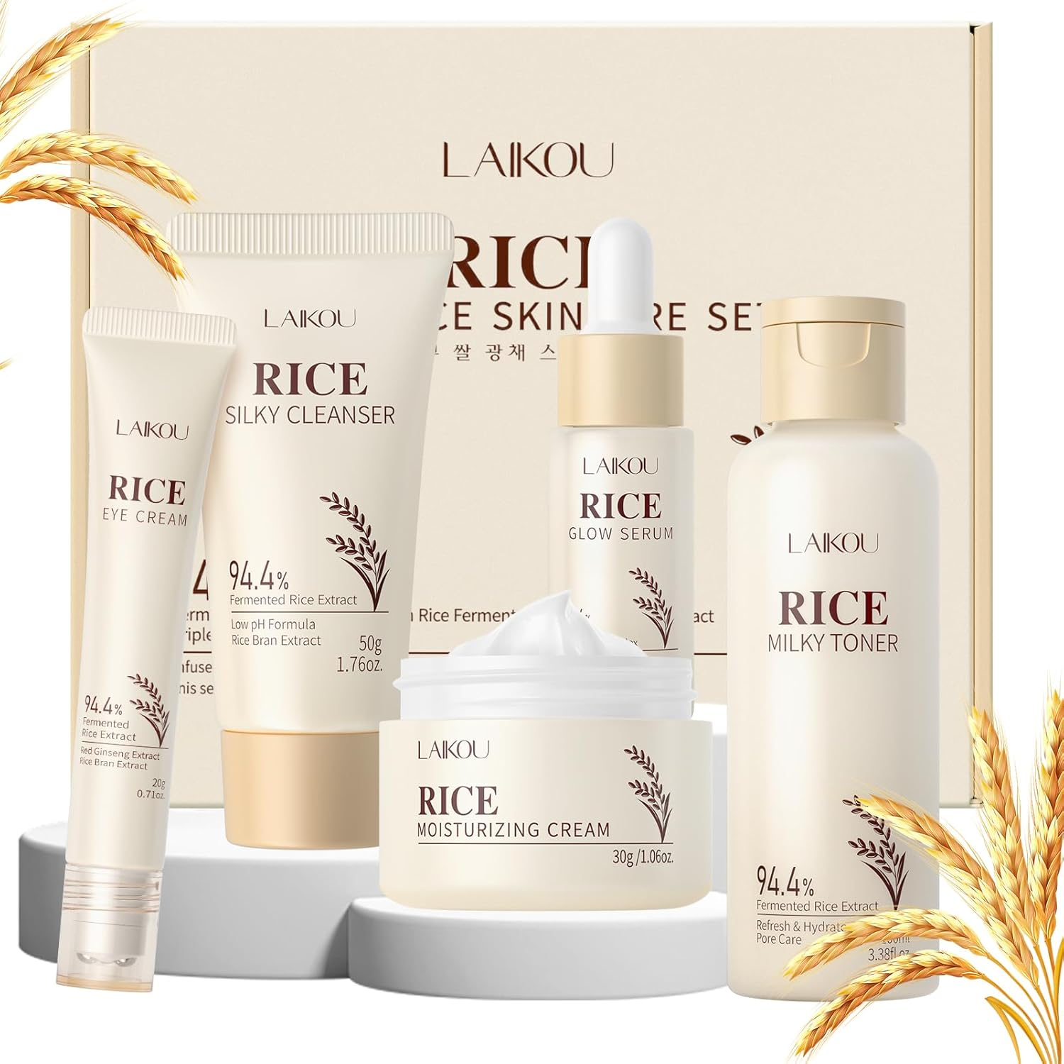 LAIKOU Rice Radiance Facial Skin Care Products Set - 94.4% Fermented Rice Extract, Additive - Free, Beauty & Skincare Gift for All Skin Types image number 3
