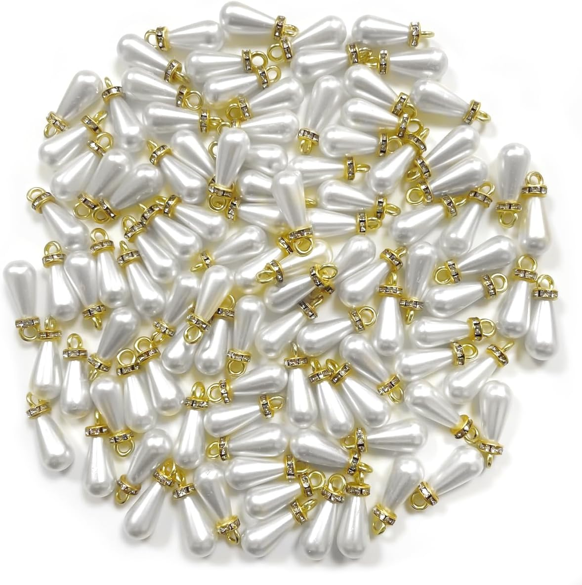 WELANE Drop Pearl Charms, 100 PCS Teardrop Shaped Pearl Pendant with Golden Edge and Rhinestones for Jewelry Making (8 X 15Mm) image number 1