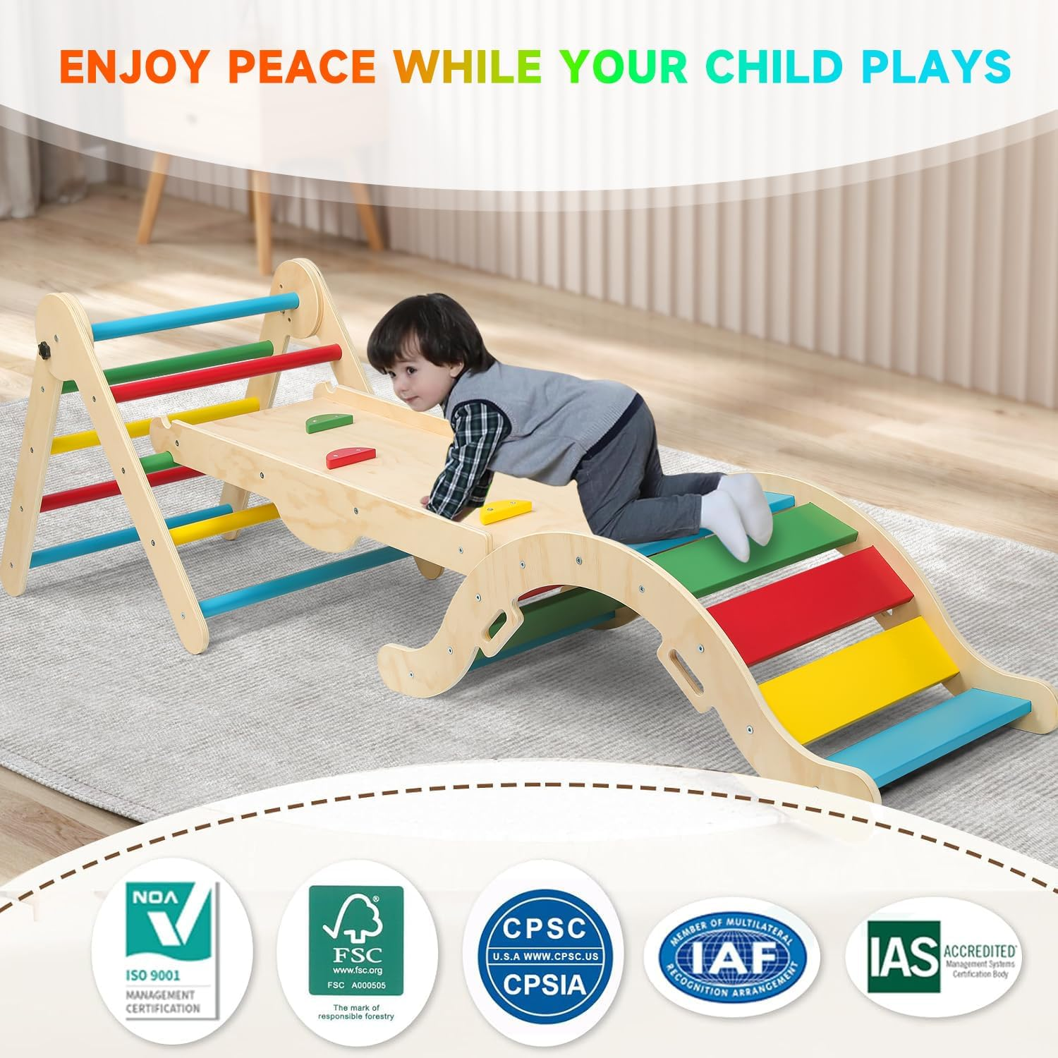 Omebel 8-In-1 Foldable Pikler Climbing Set | Baby Climbing Gym with Triangle, Ramp, Slide & 2 Toy Cars | Montessori Toys for Toddlers to Develop Motor Skills | Indoor Kids Climbing Frame (Natural) image number 2