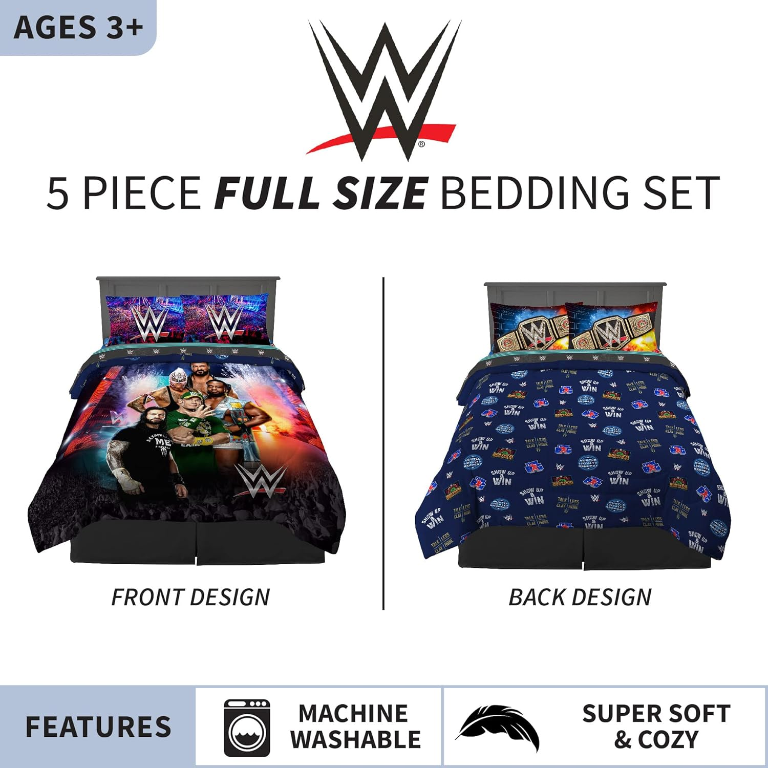 Franco Kids Bedding Super Soft Comforter and Sheet Set, 5 Piece Full Size, WWE image number 1
