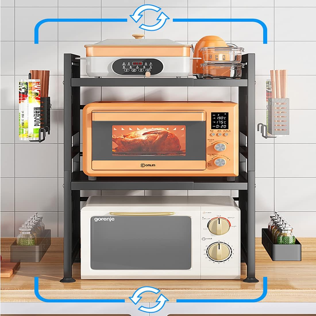 Microwave Oven Rack, 2-Tier Expandable Microwave Toaster Shelf with Utensil Holder, Adjustable Countertop Microwave Stand, Multi-Functional Carbon Steel over Microwave Shelf with 6 Hooks (Black) - Black image number 2