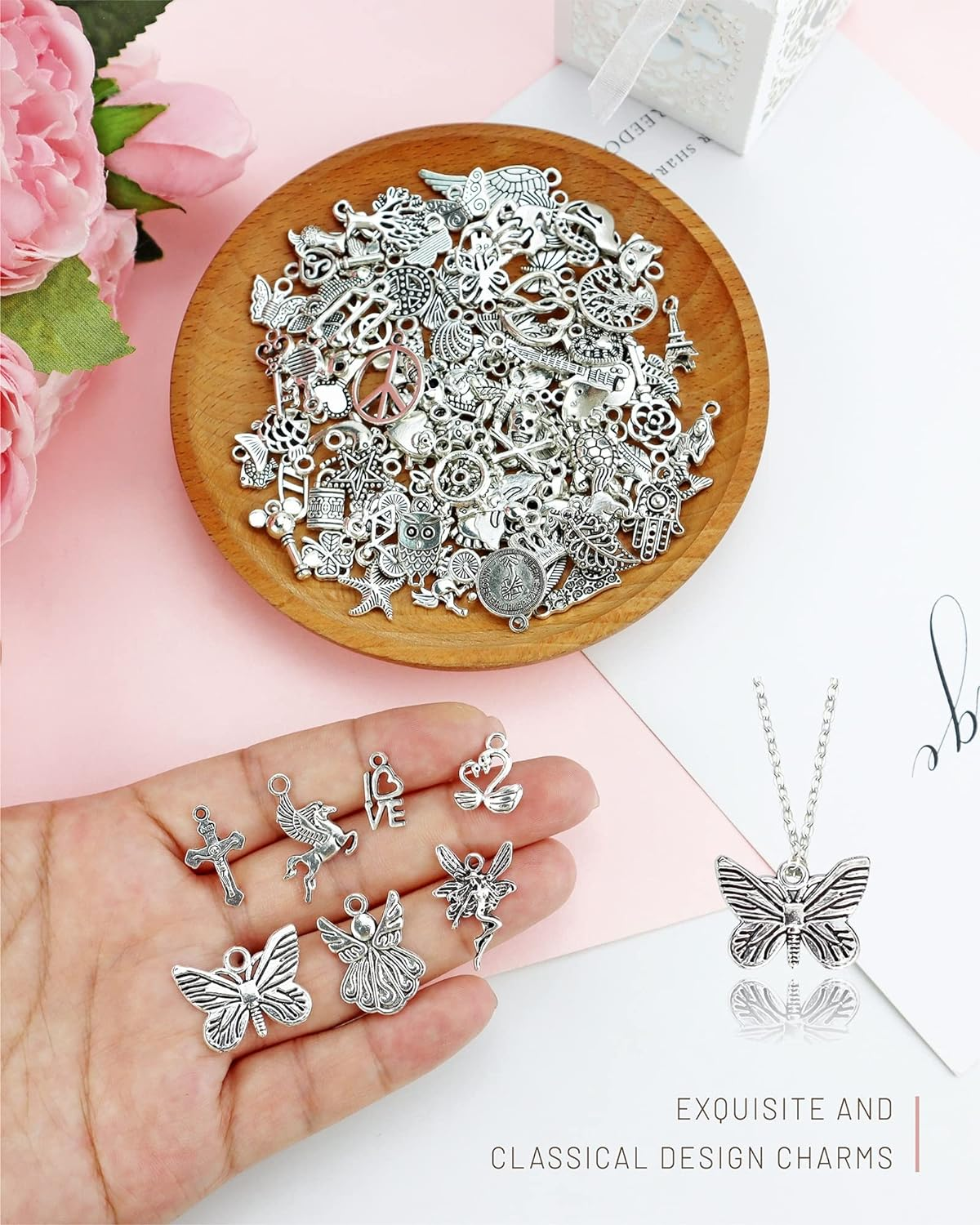 Wholesale Bulk Lots Jewelry Making Silver Charms Mixed Smooth Tibetan Silver Metal Charms Pendants DIY for Necklace Bracelet Jewelry Making and Crafting JIALEEY 100 PCS image number 1