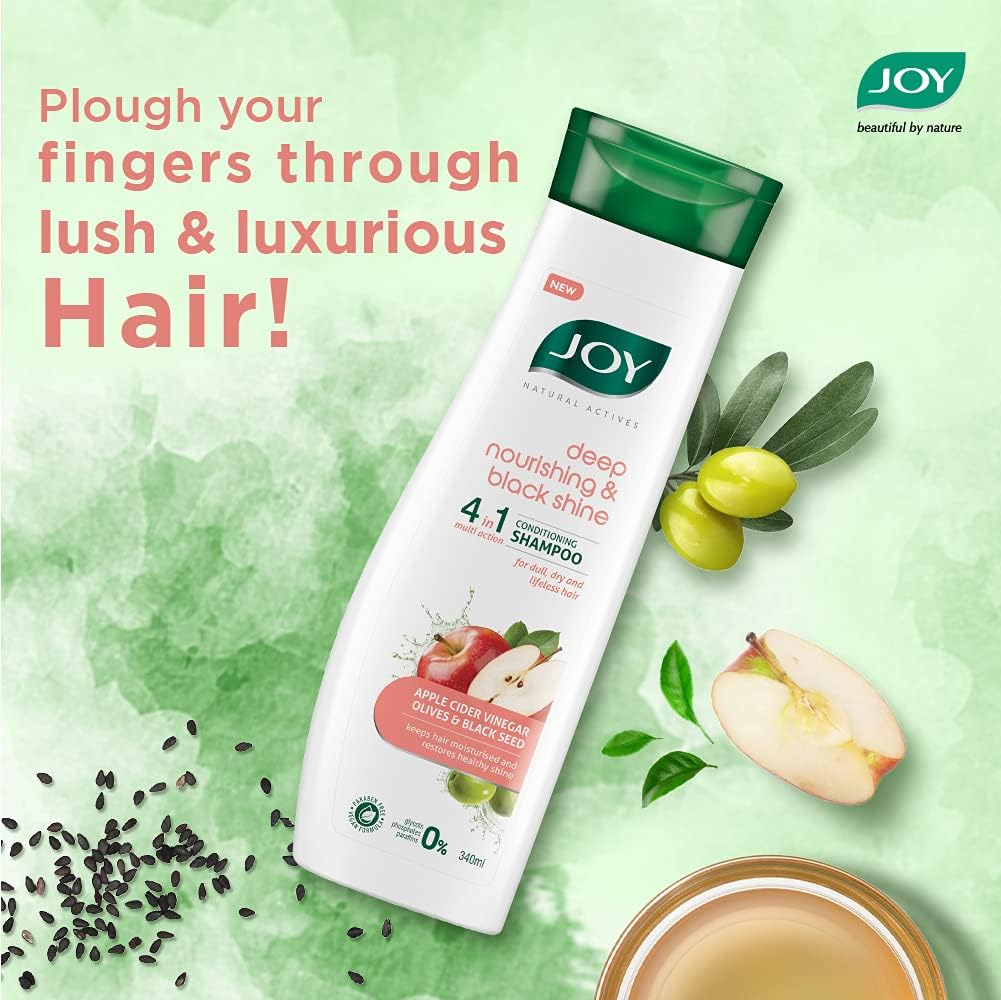 Joy Natural Actives Deep Nourishing & Black Shine 4 in 1 Multi Action Conditioning Shampoo for Dull Hair | with Apple Cider Vinegar, Amla, Back Seed & Olive Oil | Hair Shampoo Paraben Free | 340 Ml