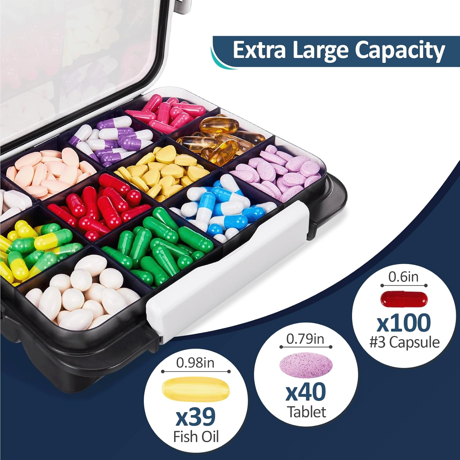Fullicon Daily Travel Moisture Proof Pill Case with 12 Extra Large Compartment, Pill Organizer with 3 Secured Buckles, Large Supplement Box for Vitamin with Removable Dividers (Black) image number 2