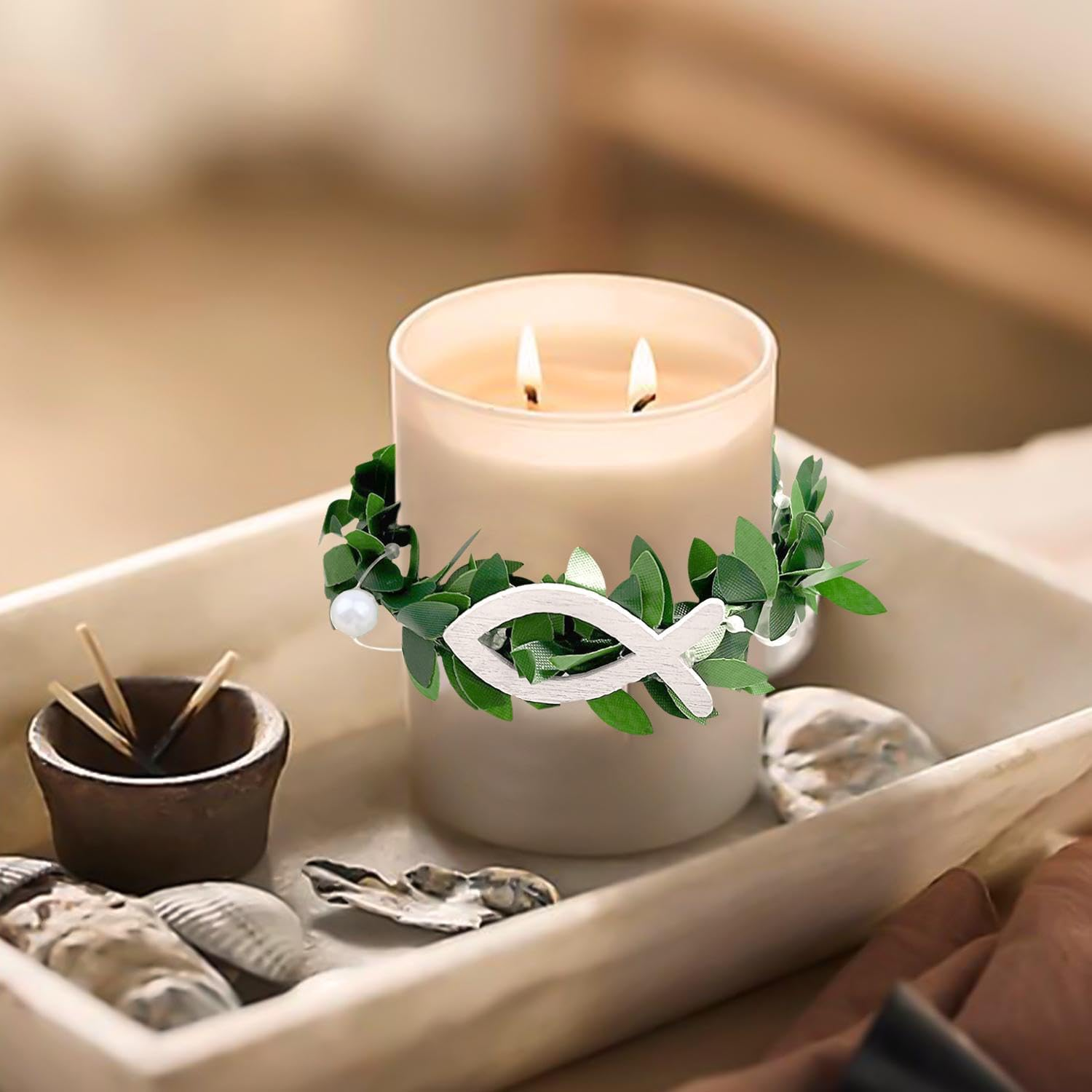 Candle Drop Protection 4 Cm - 9 Cm for Communion Candles and Christening Candles - Drip Catcher Candle Wreath with White Christening Fish Decoration, Wedding, Communion (Pack of 2) image number 6