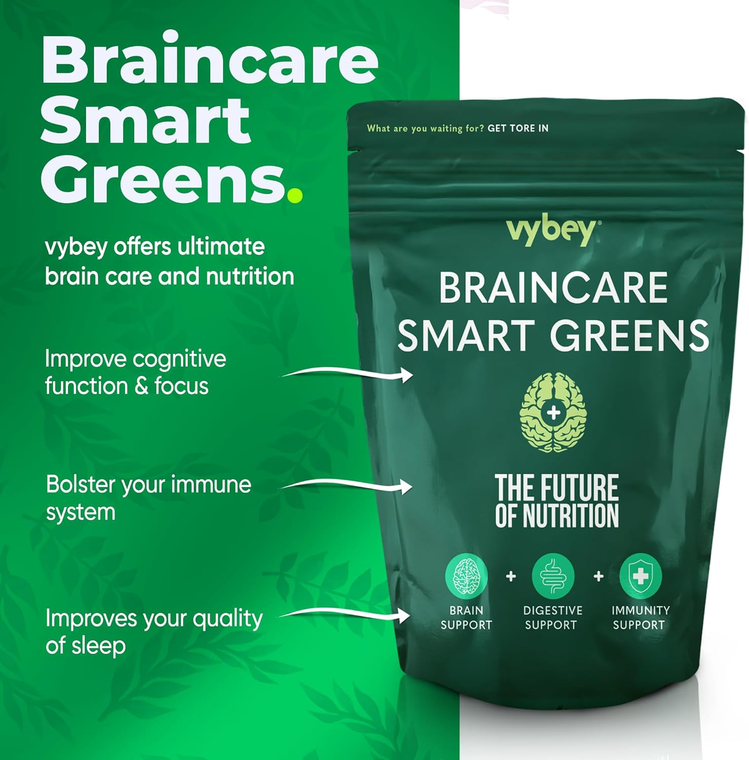 Vybey&reg; Smart Greens Powder - 54 Nutrient-Rich Superfoods + Nootropics & Adaptogens - Vegan & Gluten-Free, Mango Flavour - 360G (30 Serves)