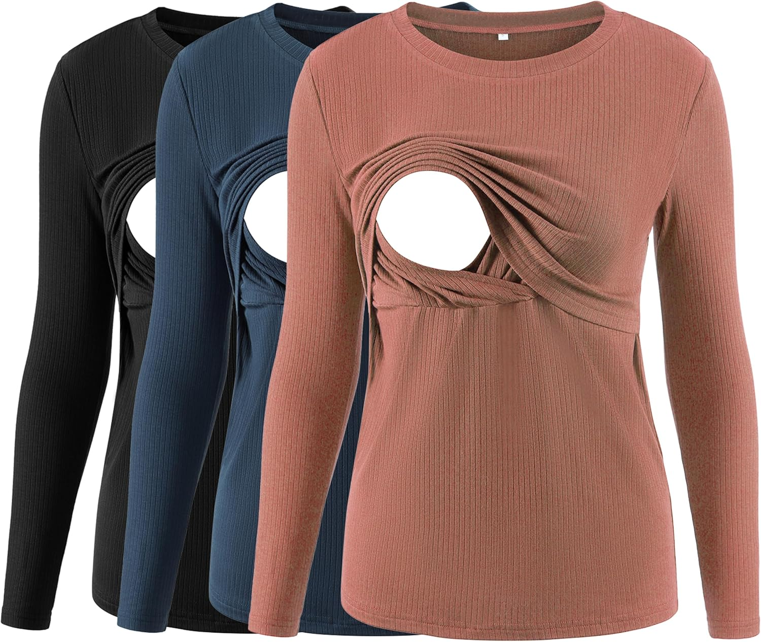 Love2Mi Pack of 3 Women'S Nursing Shirt Ribbed Long Sleeve Nursing Tops Double Layer Maternity Wear T-Shirt Maternity Clothing