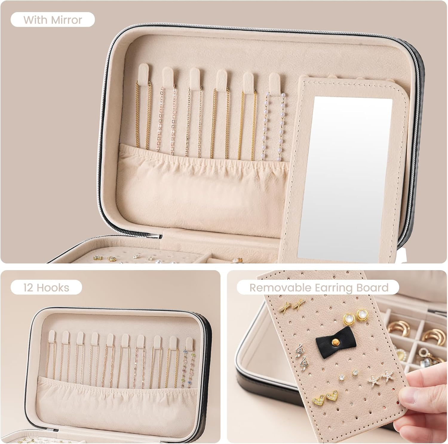 Lolalet Travel Jewelry Case for Women, Travel Jewelry Organizer Box with Mirror & Clear Storage Bag, Small Portable Traveling Ring Case for Earrings Necklace Bracelet Rings -Medium, Black image number 6