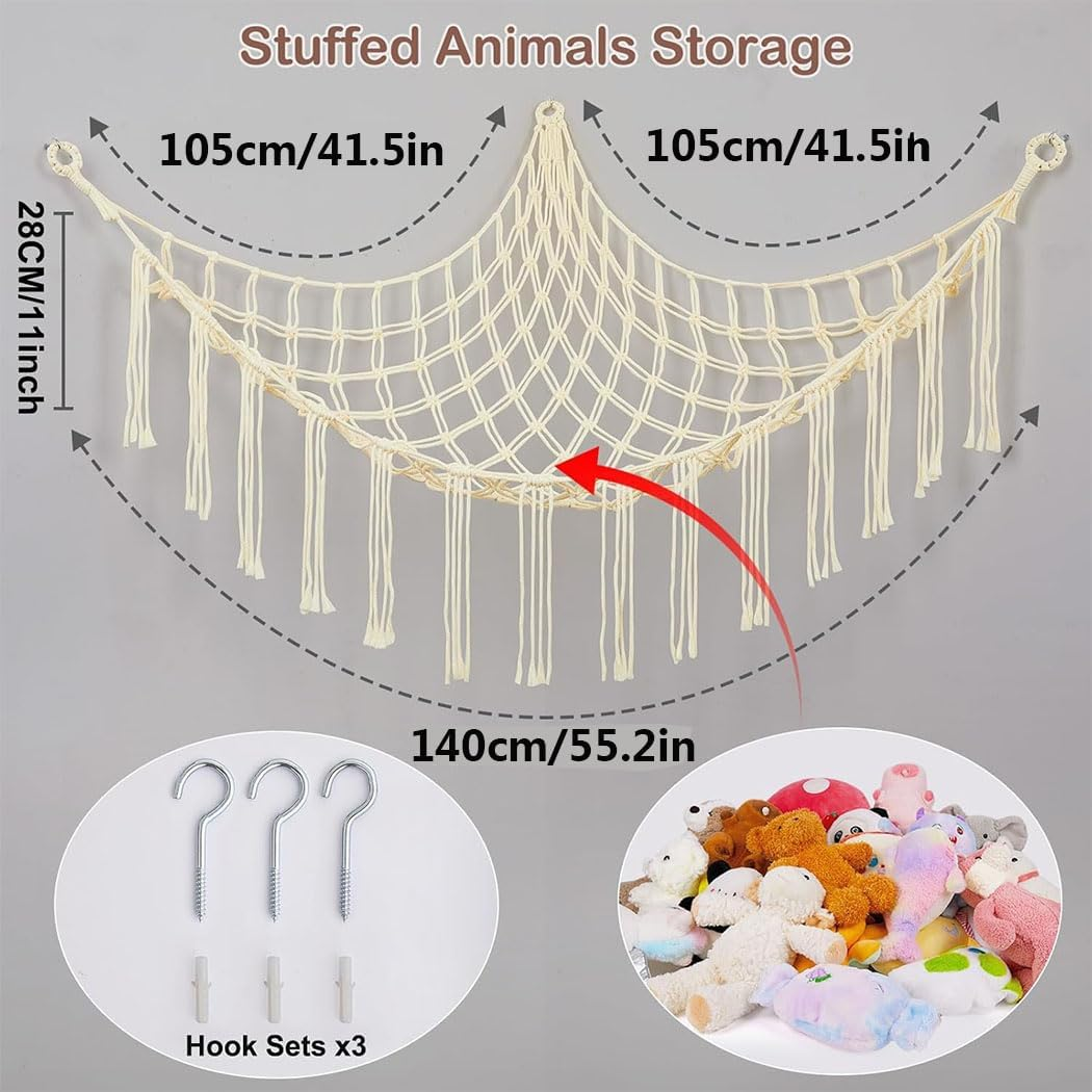 Idopick 2 Pack Stuffed Animal Hammock Net,Toy Storage Hammock for Stuff Animals, Stuffed Animal Organizer Holder with Tassel-Corner Hanging Net for for Nursery Kids Girls Room Decor image number 1