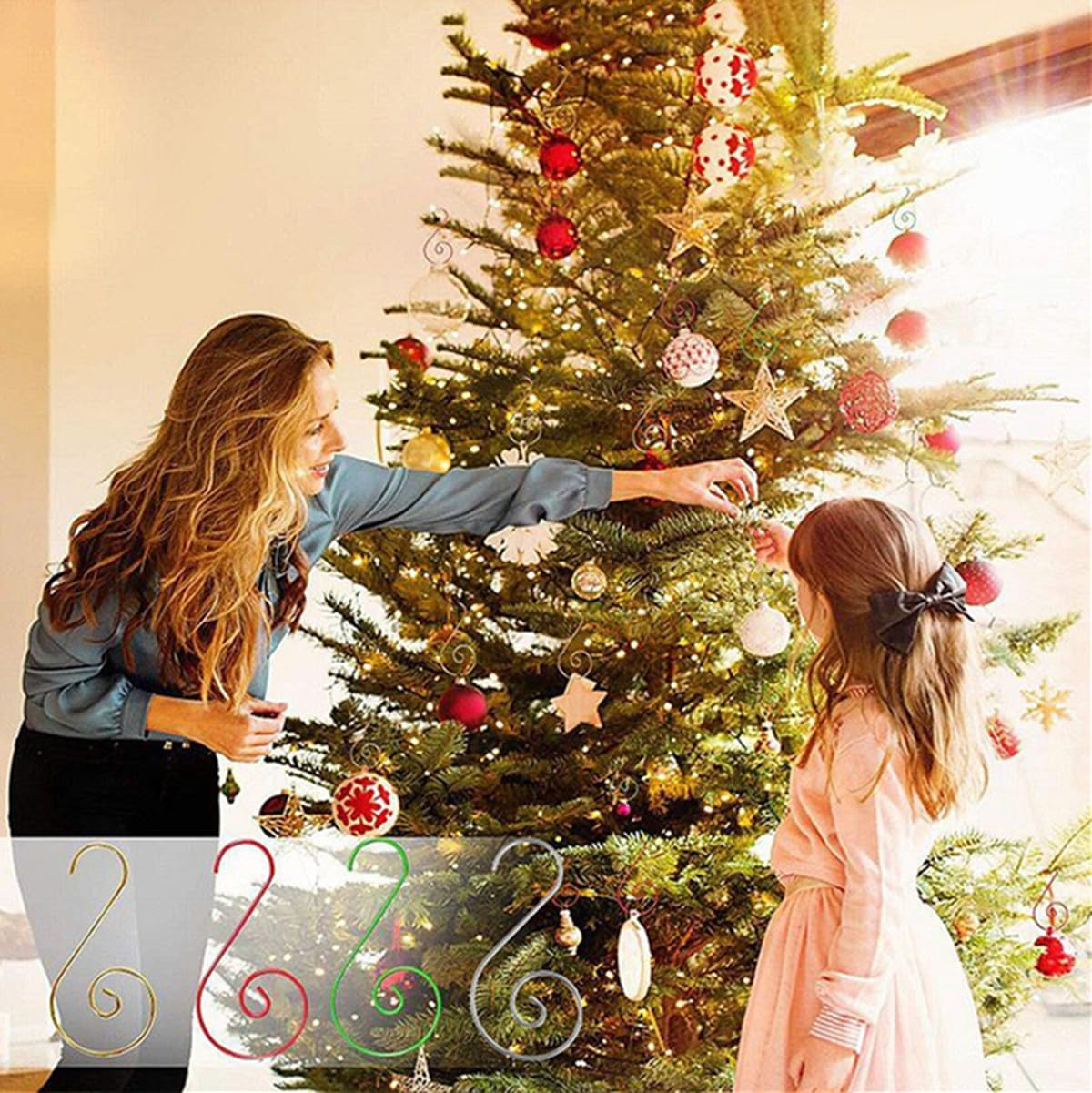 Supoice Christmas Ornament Hangers Hooks 120 Pcs Stainless Steel Green & Gold & Red Christmas Ornament Hooks Perfect for Christmas Tree Decorations image number 3