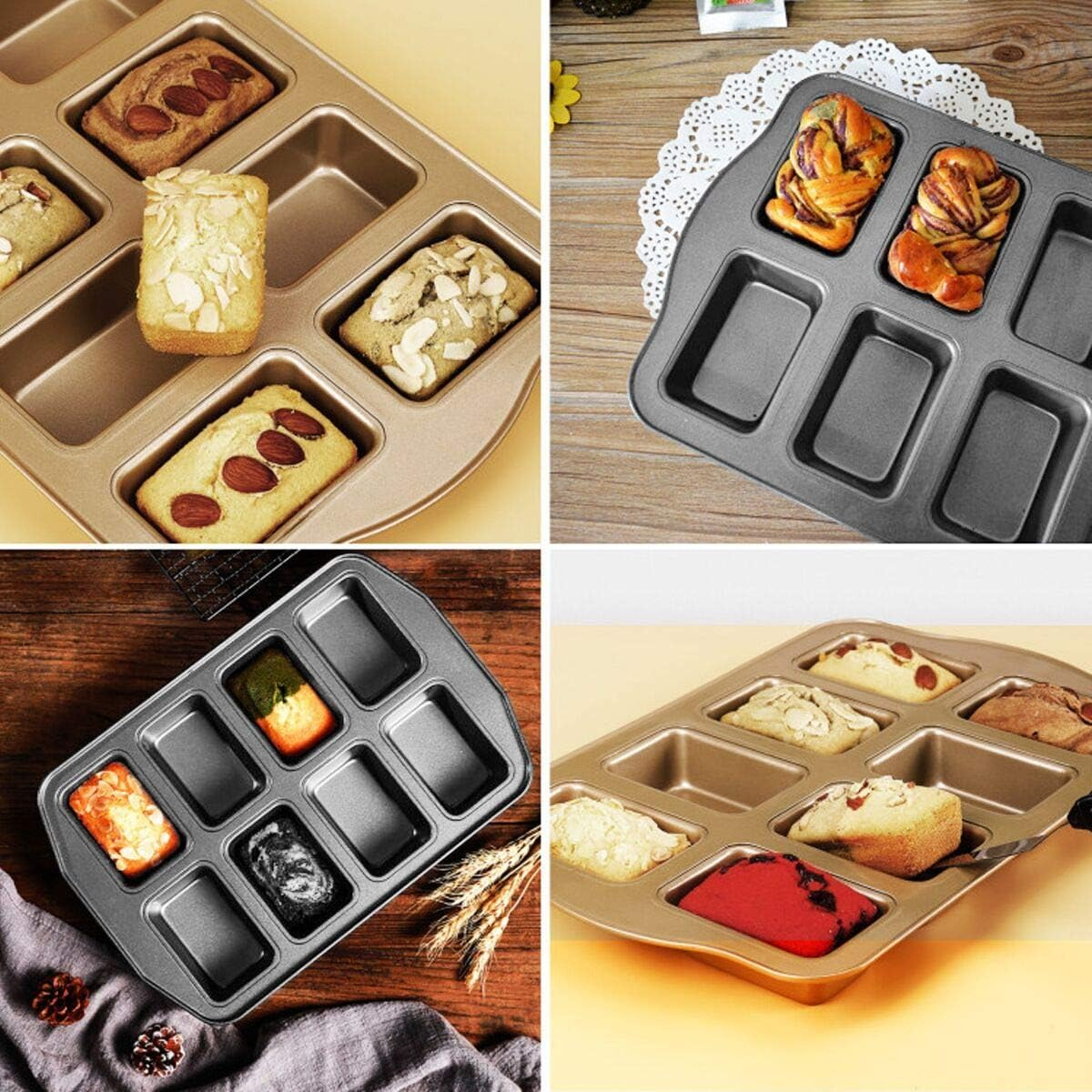 Mini Loaf Pan 8-Cavity Carbon Steel Bakeware Non-Stick Bread Baking Tray One-Piece Design (Golden) - Golden image number 3