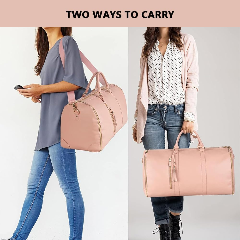 Convertible Garment Duffle Bag for Travel, 3-In-1 Carry on Foldable PU Leather Weekender with Shoe Pouch, Pink image number 2