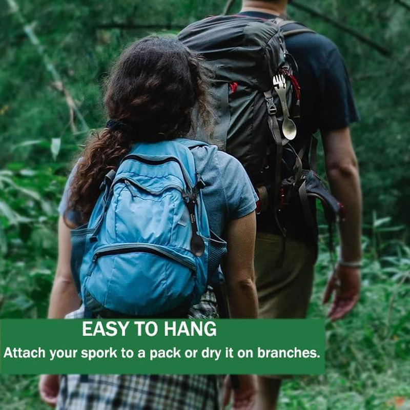 5-In-1 Multi-Functional Camping Utensils, 2 Pack, Stainless Steel Spork, Fork & Knife, Can & Bottle Opener, with Carabiner and Bag, Black