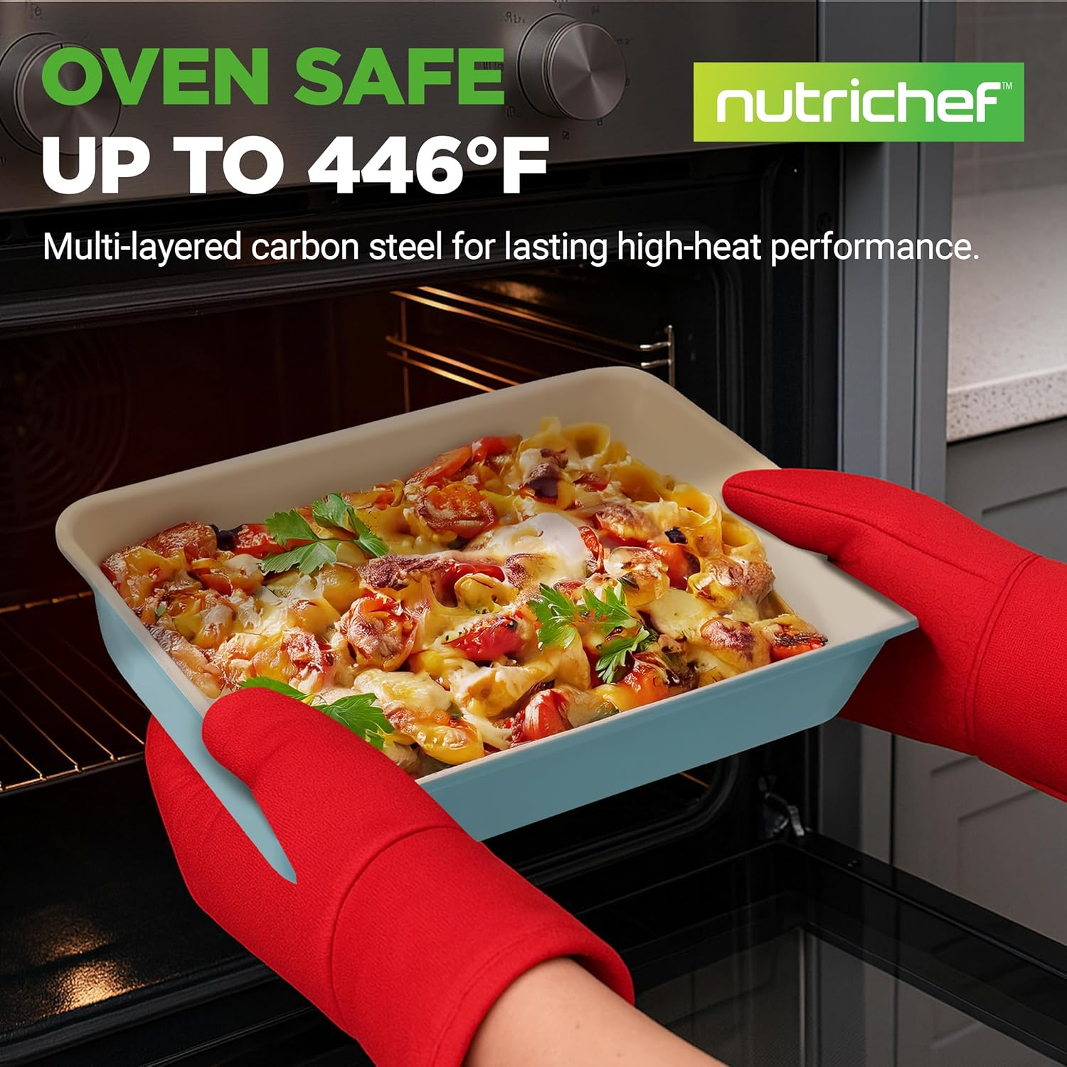 Nutrichef 6-Pcs Kitchen Oven Baking Pans - Non-Stick Baking Sheets Set, Attractive Green Pans & White inside Pan, Quality Kitchenware for Cooking & Baking Cake Loaf, Muffins & More image number 0